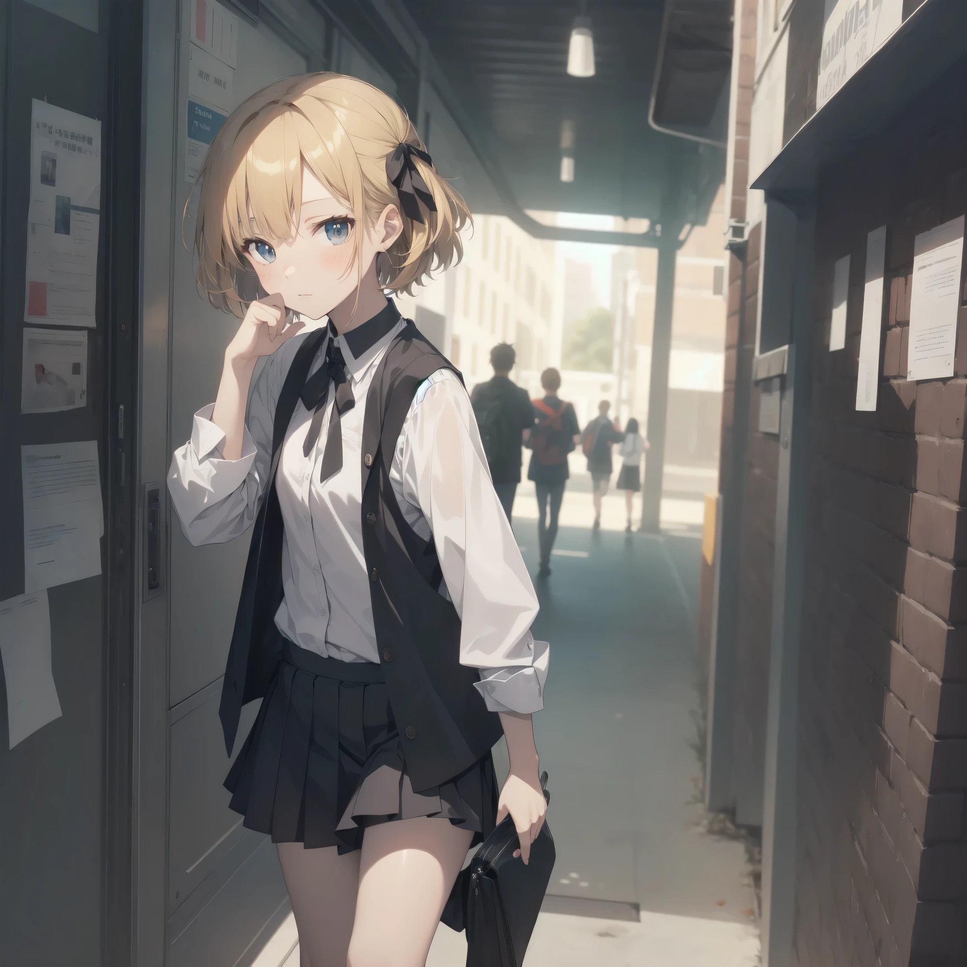ultra-absurdres-quality by art God, ultra-detailed, high resolution, anime moe artstyle, best anime 8k konachan wallpaper, pixiv contest winner, perfect anatomy, break, (Please draw a girl walking sleepily to school alone. )break,1girl, (Solo,little female, cute face, 13-year-old:1.3),Full limbs, complete fingers,a junior high school student, Attractiveness of immature bodies, (very_short hair), short cut, bungs, flat chest, small butt, groin, small black eyes, beautiful detailed eyes, well-proportioned iris and pupils, expressive eyes, highres detailed hair, neck ribbon, shirt, collared shirt, skirt, pleated skirt, , (Detailed Lighting), (Detailed background), in the School commute route. break,explicit, super detailed skin, Best cinematic lighting powered by famous artist, 8k,beauty illustration,photoshop_(medium),absurdres highres,UHD,textured skin,break,((artist:fujiyama)), artist:fuzichoco,artist:yamamoto_souichirou,artist:hanekoto