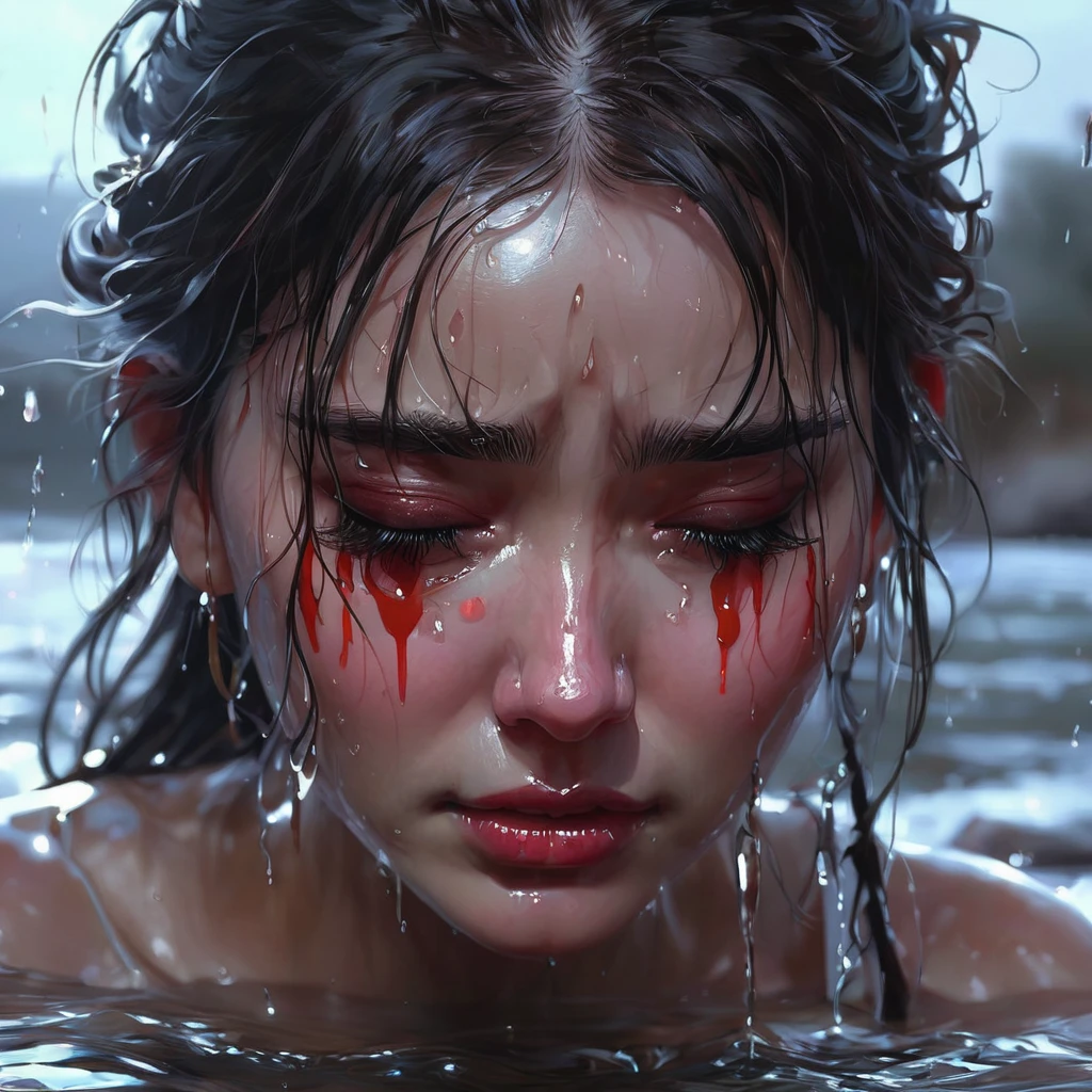 crying, aesthetic, extremely detailed, Crying eyes tears of blood as it pours its essence into the river soul, girl, by WLOP, by Artgerm, by Michael Garmash, by Rob Rey, digital art, trending on artstation, beautiful lightning, atmospheric