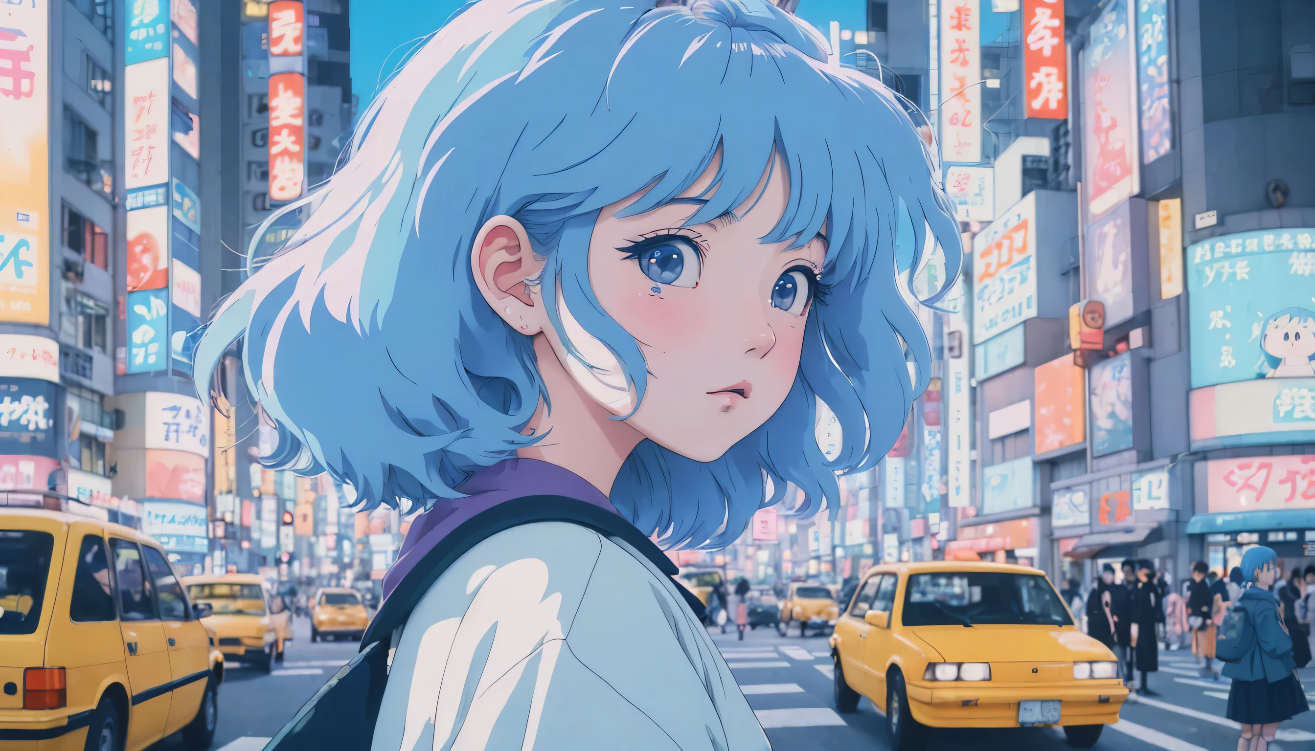 Lo-fi art style, pastel colour, 80&#39;s anime, Ghibli Movies, lo fi hip hop, Shibuya Crossing, Blue haired girl standing alone, cute face with blue eyes, traffic light, nostalgic atmosphere, eyeliner, High resolution, high resolution, 4k, 8K