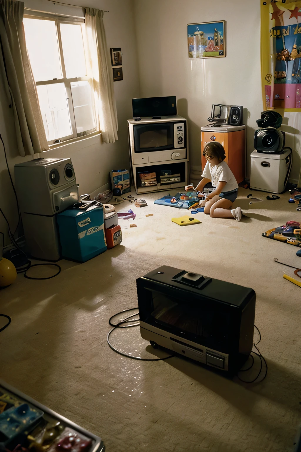 An image depicting struggle inside a messy home in the 1980's with toys all over the floor and the tv is on