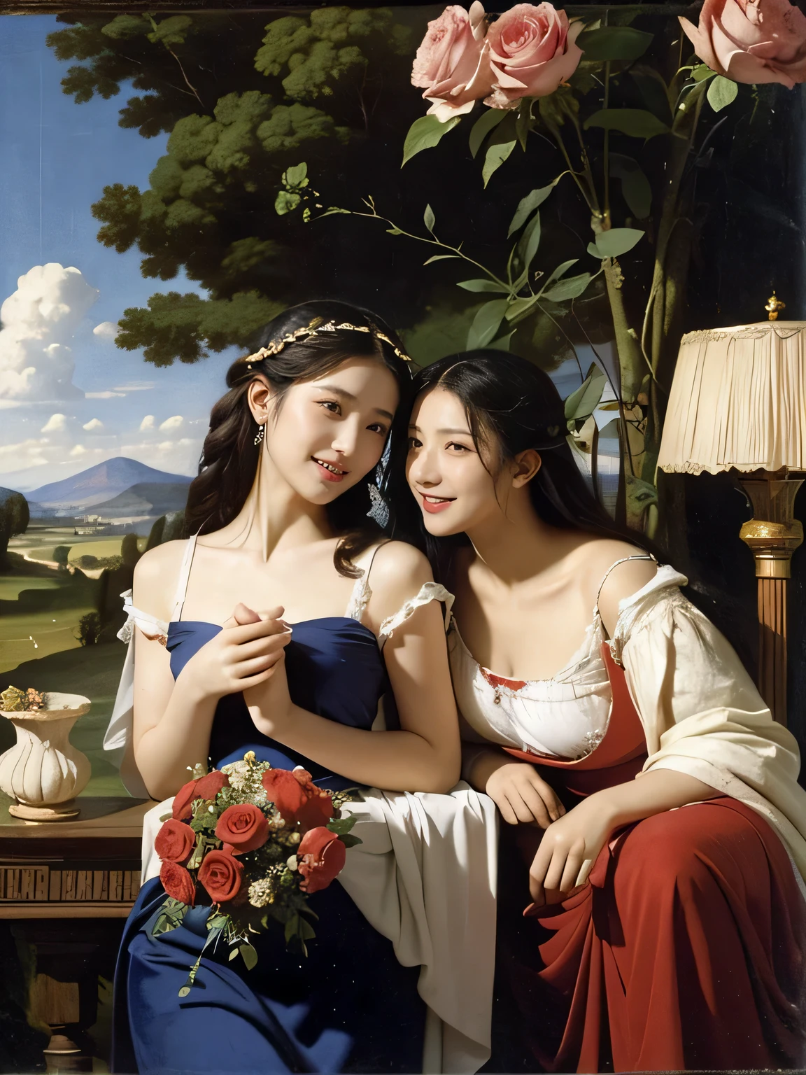 Giorgione painting style,Arguments of two female Philosophe,math、astronomical machine、astronaut、roses in vase、fruits、Cute trinkets、smile、ancient greek costume、Ancient Roman landscape in the style of Nicolas Poussin,laughter,,Sweet and seductive appearance.、Caravaggio's paintings、Chiaroscuro of Caravaggio、hair tousled by the wind,Two women frolicking,cute smile, expression of ecstasy,Sexy,erotic