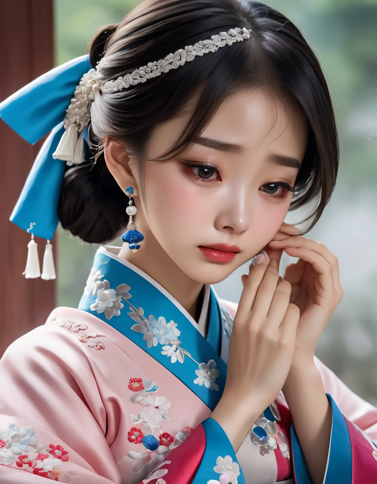 （Beautiful face of crying Chinese girl covering her face with handkerchief）, （With many, many tears in her eyes：1.3），（watery eyes）（bowed slightly），(shed tears)，（Cover your face with your hands and cry），Pearl ear-rings, long eyelashes and pink lips, face close-up, clean face, round chin, blue eyes, Blue embroidered hanbok, White background. illustrate, 3D rendering, Bright colors and exquisite details, as illustration poster, 2D game art style, Color proofing, HD, 32k ,disney，