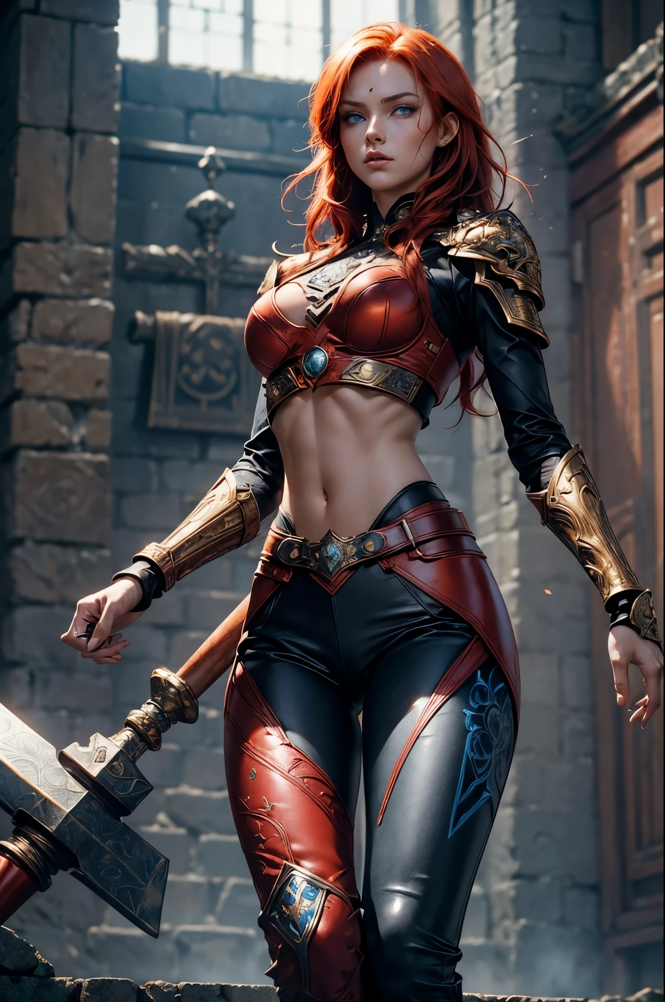 Create an image of a tall, muscular woman wearing gleaming plate armor. Her skin is fair and unblemished, except for a few small scars. (She has fiery red hair, cropped short in a practical style, and piercing blue eyes filled with wisdom and determination:1.5). The armor covers every inch of her body, leaving only her hands and face exposed, and is adorned with intricate etchings and filigree. On her chest, the symbol of Torm - a hammer surrounded by a circle - is prominently displayed. Oh her legs fitted leather pants. She moves with surprising agility and precision, radiating strength and grace. (SFW:1.5)