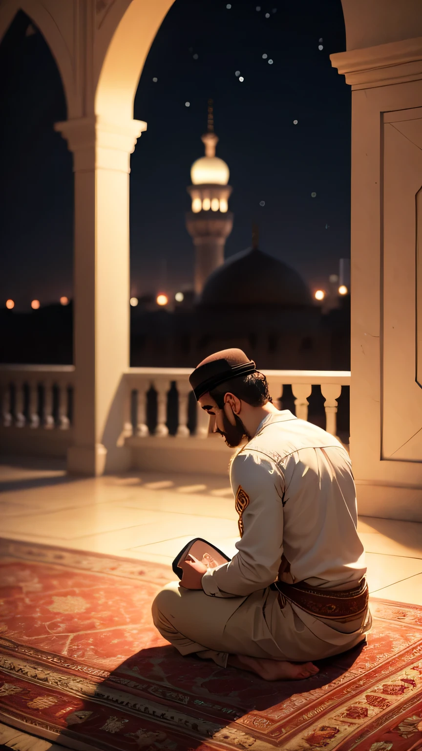 islamic era, muslim man, offering namaz, night, masjid, back camera angle
