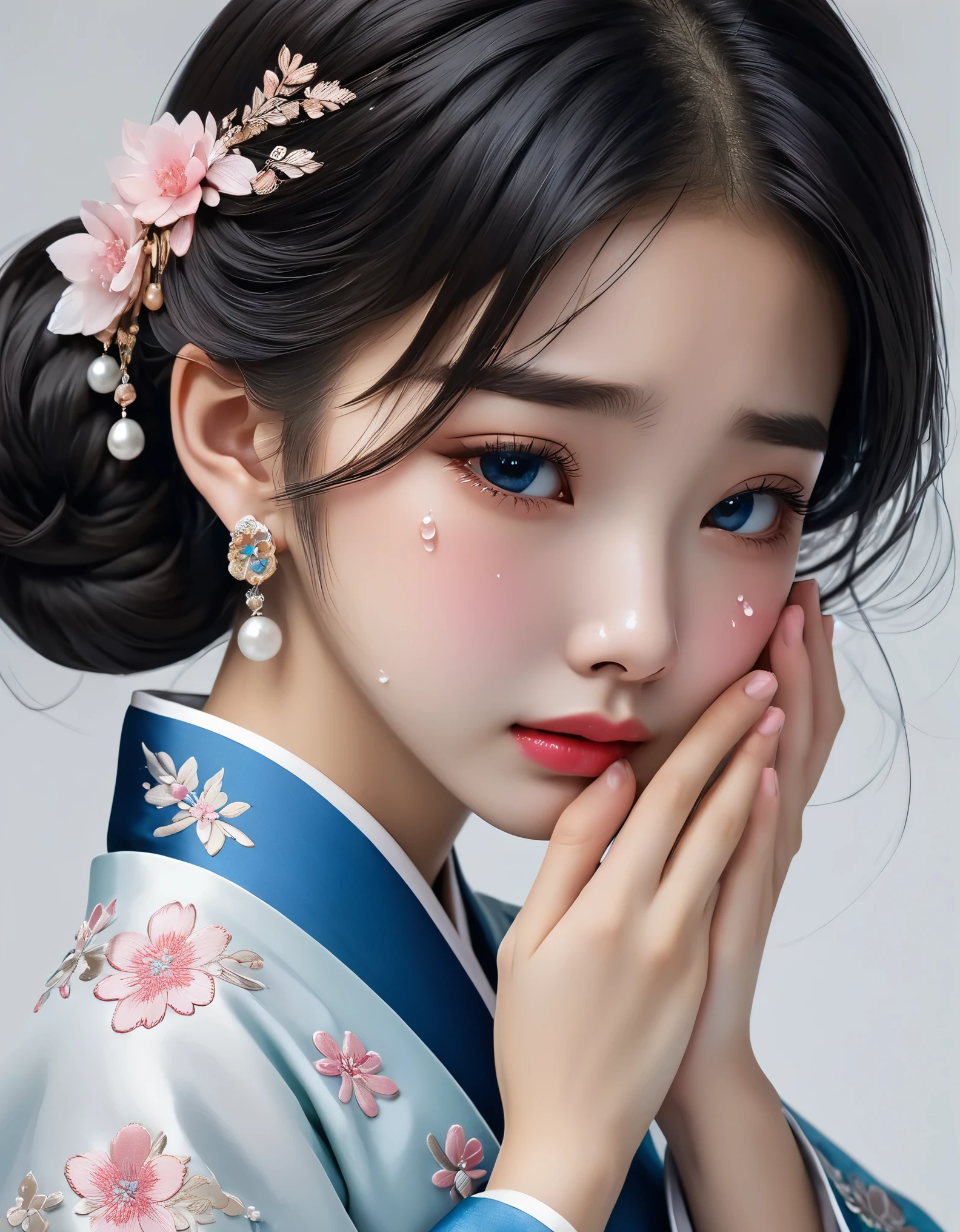 （Beautiful face of crying Chinese girl covering her face with handkerchief）, （With many, many tears in her eyes：1.3），（watery eyes）（bowed slightly），（Cover your face with your hands and cry），Pearl ear-rings, long eyelashes and pink lips, face close-up, clean face, round chin, blue eyes, Blue embroidered hanbok, White background. illustrate, 3D rendering, Bright colors and exquisite details, as illustration poster, 2D game art style, Color proofing, HD, 32k ,disney，