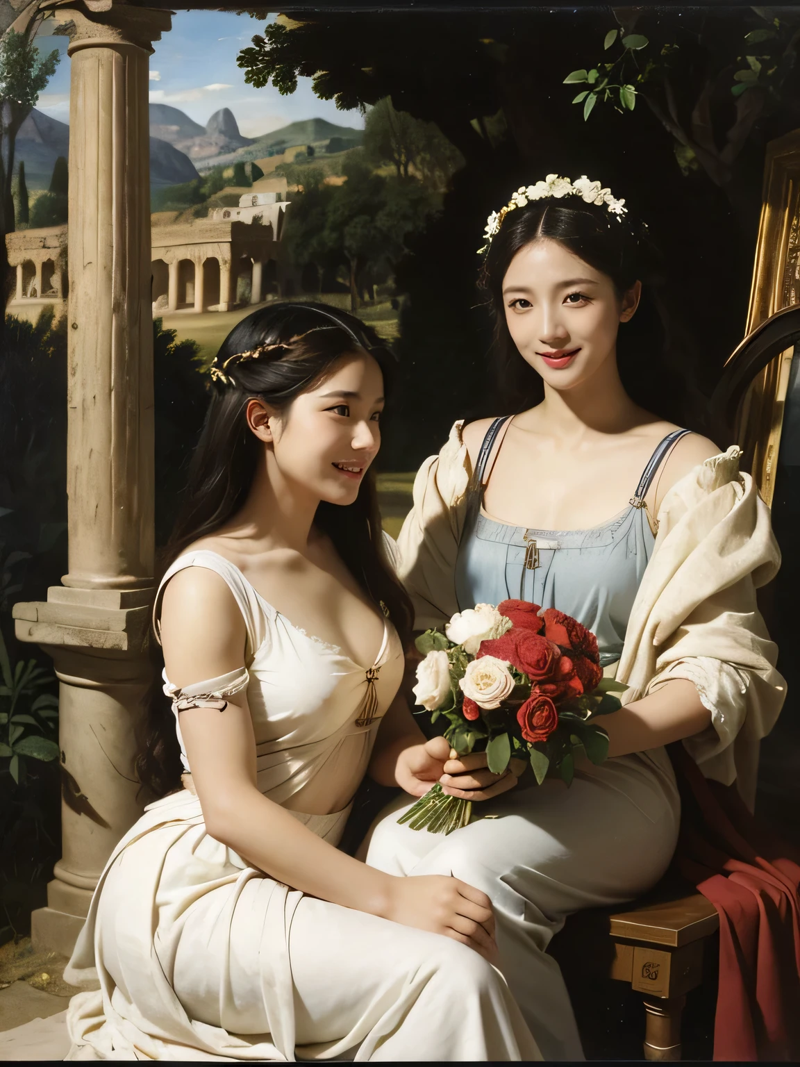 Giorgione painting style,Arguments of two female Philosophe,math、astronomical machine、astronaut、roses in vase、fruits、Cute trinkets、smile、ancient greek costume、Ancient Roman landscape in the style of Nicolas Poussin,laughter,,Sweet and seductive appearance.、Caravaggio's paintings、Chiaroscuro of Caravaggio、hair tousled by the wind,Two women frolicking,cute smile, expression of ecstasy,Sexy,erotic