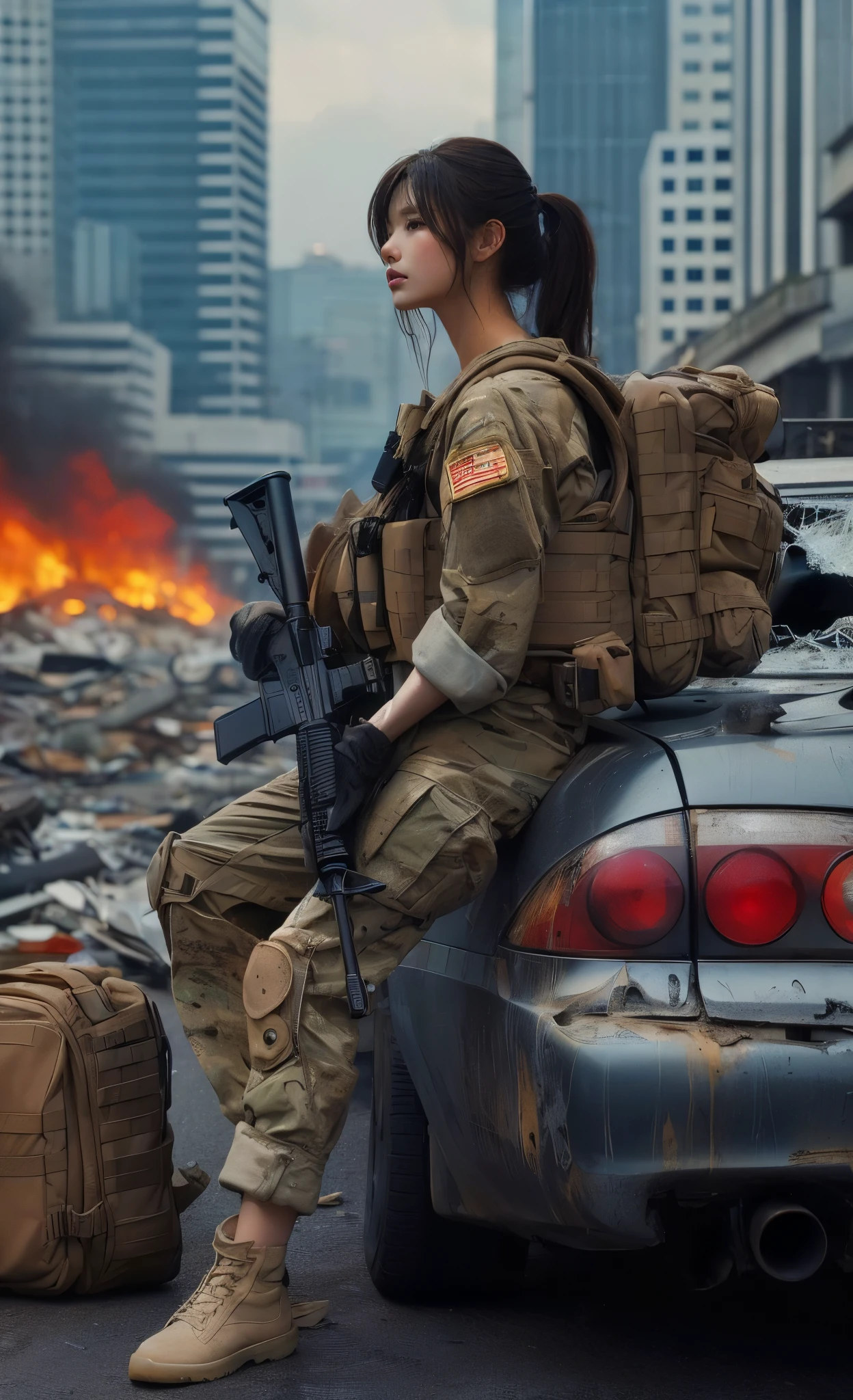 (best quality,8k,ultra-detailed,realistic,photorealistic:1.2), beautiful Japanese girl from the US sitting next to a broken car, wearing a bulletproof vest, holding a rifle, backpack, wearing a baseball cap, dirty, in a city of rubble, fire in the distance