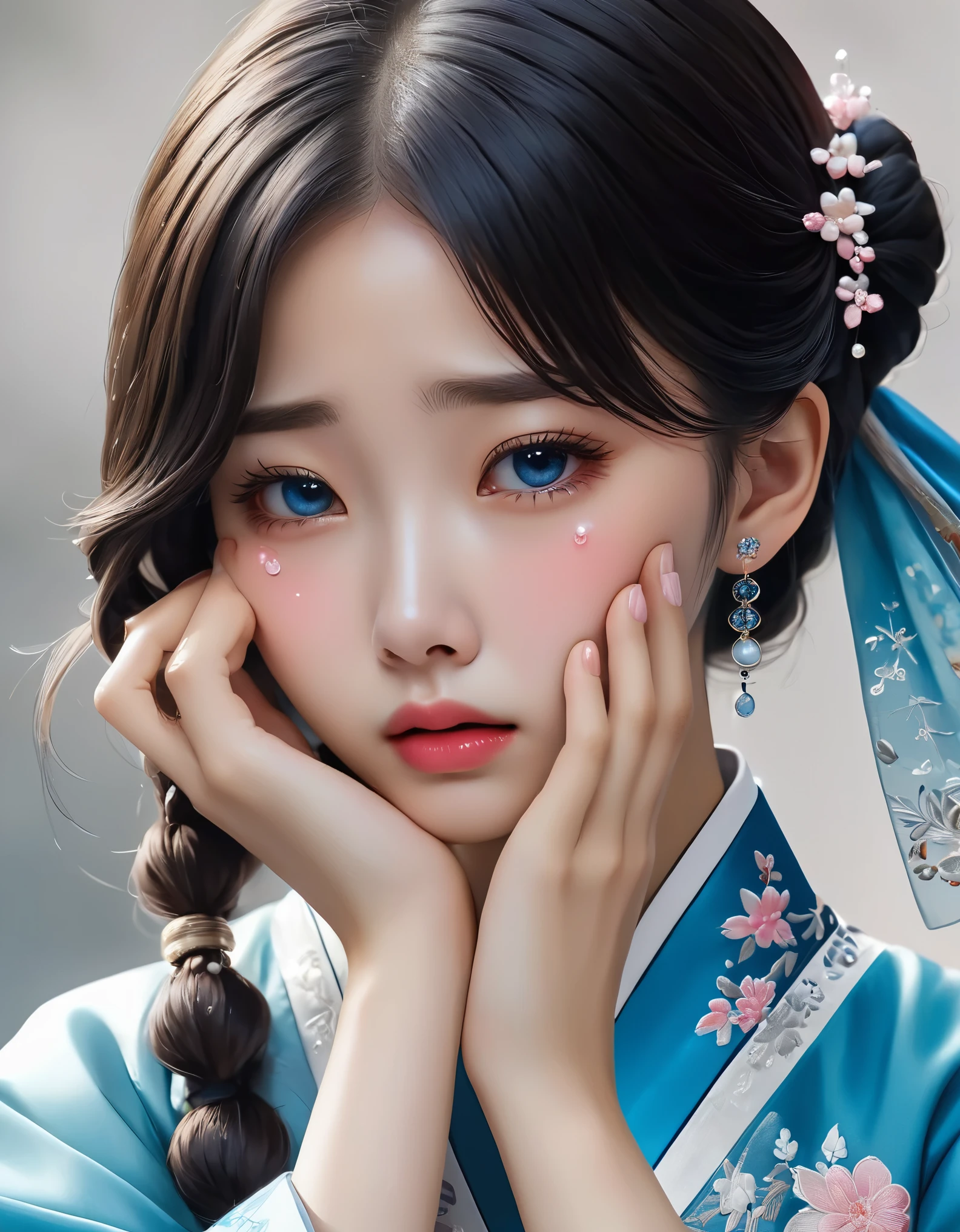 （Beautiful face of crying Chinese girl covering her face with handkerchief）, （With many, many tears in her eyes：1.3），（watery eyes）（bowed slightly），（Cover your face with your hands and cry），Pearl ear-rings, long eyelashes and pink lips, face close-up, clean face, round chin, blue eyes, Blue embroidered hanbok, White background. illustrate, 3D rendering, Bright colors and exquisite details, as illustration poster, 2D game art style, Color proofing, HD, 32k ,disney，