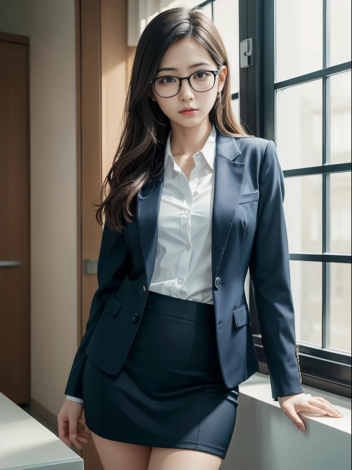 alone、solo、OL in her 20s in office uniform posing for a photo、victory、Tsundere、Single knot、OL、suit、blue mini skirt、anger、small、Glasses、slim girl model photo、physical:the smallest middle-aged man in history、female model、Japanese female fashion model、(8k、RAW photo、highest quality、masterpiece:1.2)、(real、photorealistic:1.37)、Super detailed、Ultra high definition、office Street、 standing position、whole body、((((SEXY)))
