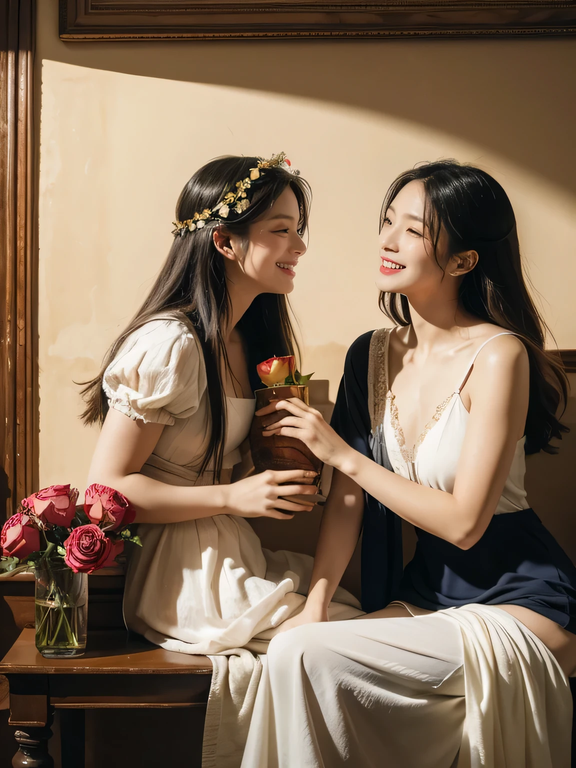 full body portrait ,flower,rose,antique,laughter,,sweet and enchanting appearance.、caravaggio painting、caravaggio&#39;chiaroscuro,Two women having fun,cute smile, expression of ecstasy,sexy