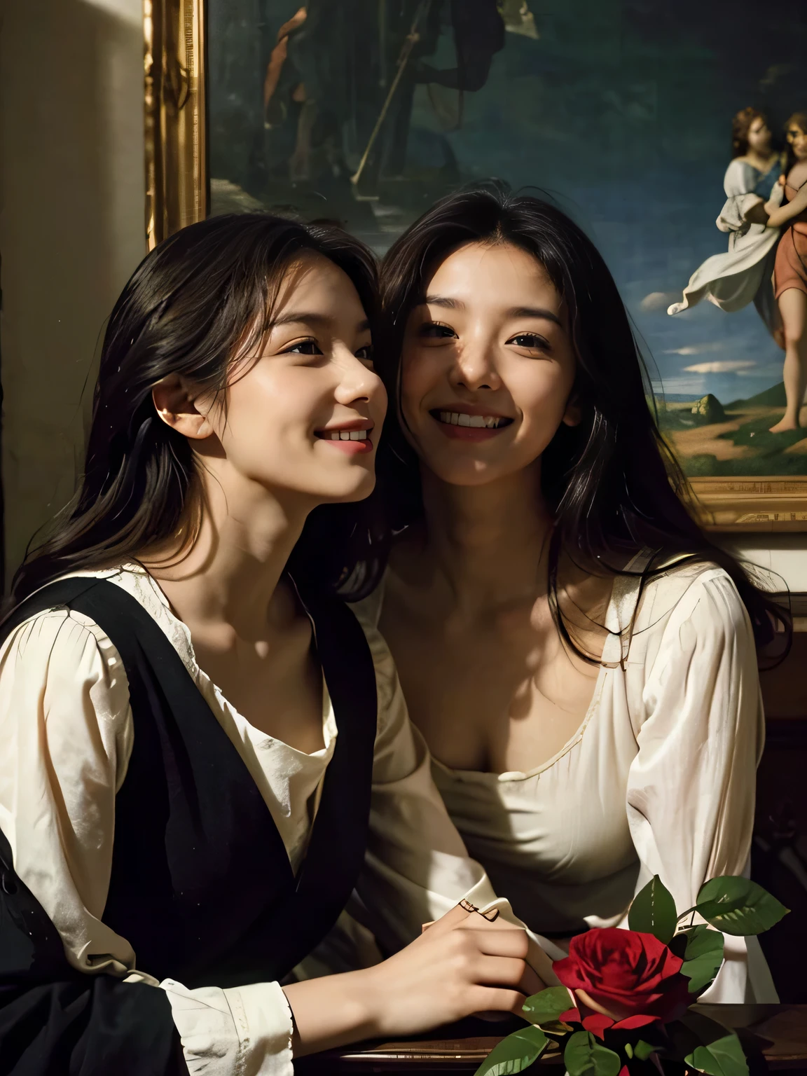 Giorgione painting style,Arguments of two female Philosophe,math、astronomical machine、astronaut、roses in vase、fruits、Cute trinkets、smile、ancient greek costume、Ancient Roman landscape in the style of Nicolas Poussin,laughter,,Sweet and seductive appearance.、Caravaggio's paintings、Chiaroscuro of Caravaggio、hair tousled by the wind,Two women frolicking,cute smile, expression of ecstasy,Sexy,erotic