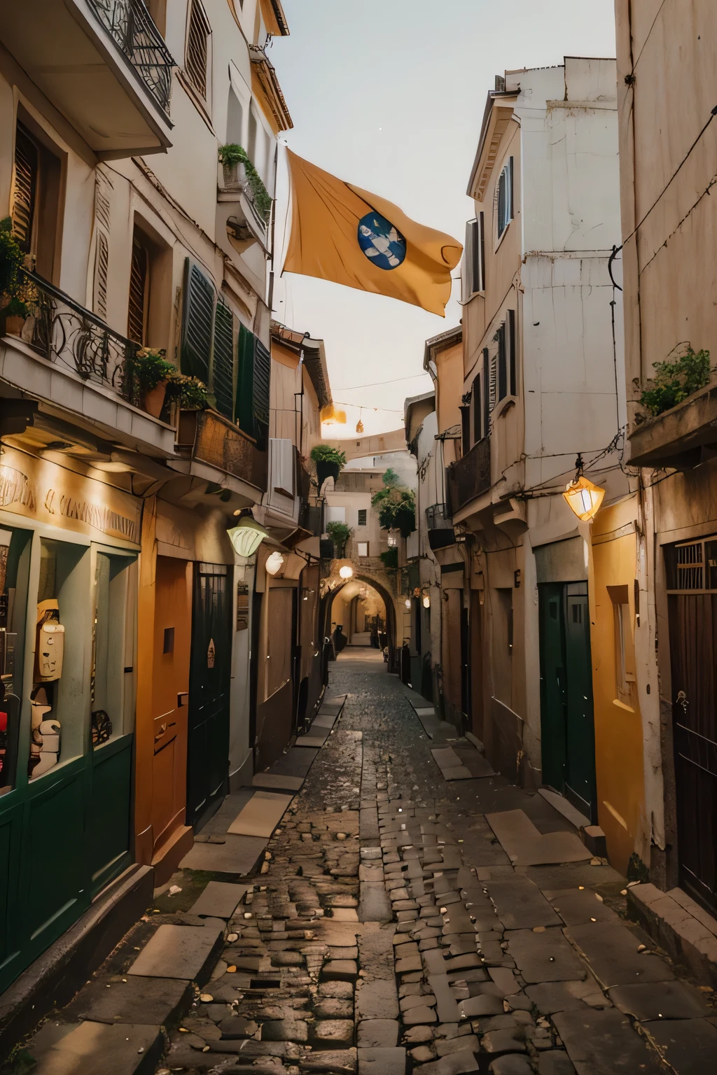 In one of the streets of ancient Rome at night time, a white flag with an orange 💫 in the center, and the two sides of the flag waxed with a green dragon seal