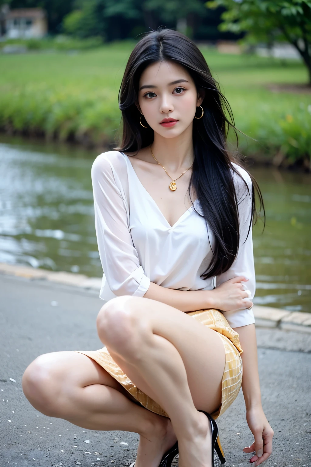 (masterpiece:1.3), (8 thousand, realistic, RAW photos, best quality: 1.4), (1 woman), (whole body), (walk by the river),(Model walking pose), (very sexy),  (Beautiful makeover), (유난히 beautiful face), (incredibly beautiful body)  (beautiful face), (beautiful face),  (long eyela그녀s),  (double eyelid), (big bust)  ,  (Beautiful heaps),   (realistic face), (black hair. parted, long hair:1.3), 아름다운 parted스타일, realistic eyes, (really beautiful and delicate eyes), (realistic skin), (beautiful skin), (Thin blouse), (short skirt),   (absurd), (attractive), (ultra high resolution), (extremely realistic), (very detailed), (golden ratio), (really beautiful and long legs), (small size feet),  (high heel), (necklace),  (earring),(beautiful nails manicure), (So beautiful and sexy)