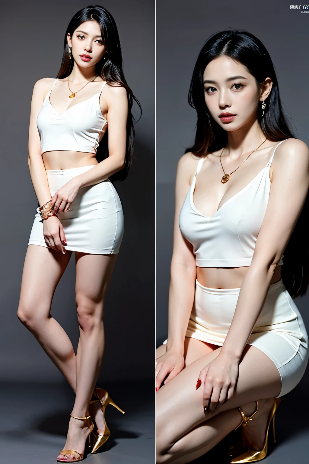 (masterpiece:1.3), (8 thousand, realistic, RAW photos, best quality: 1.4), (1 woman), (full body shot), (모델처럼 attractive), (very sexy), (Beautiful makeover), (유난히 beautiful face), (Build a firm and beautiful body through exercise) , (beautiful face), (beautiful face), (long eyelashes), (double eyelid), (big bust) , (Beautiful heaps), (realistic face), (black hair. parted, long hair:1.3), 아름다운 parted스타일, realistic eyes, (really beautiful and delicate eyes), (realistic skin), (beautiful skin), (short skirt one piece outfit), (realistic 팬티스타킹), (absurd), (attractive), (ultra high resolution), (extremely realistic), (very detailed), (golden ratio), (realistic 스타킹), (realistic 스타킹 다리가 정말 예쁘고 예뻐요..), (long legs), (small size feet), (high heel), (necklace), (earring),(beautiful nails manicure), (So beautiful and sexy)