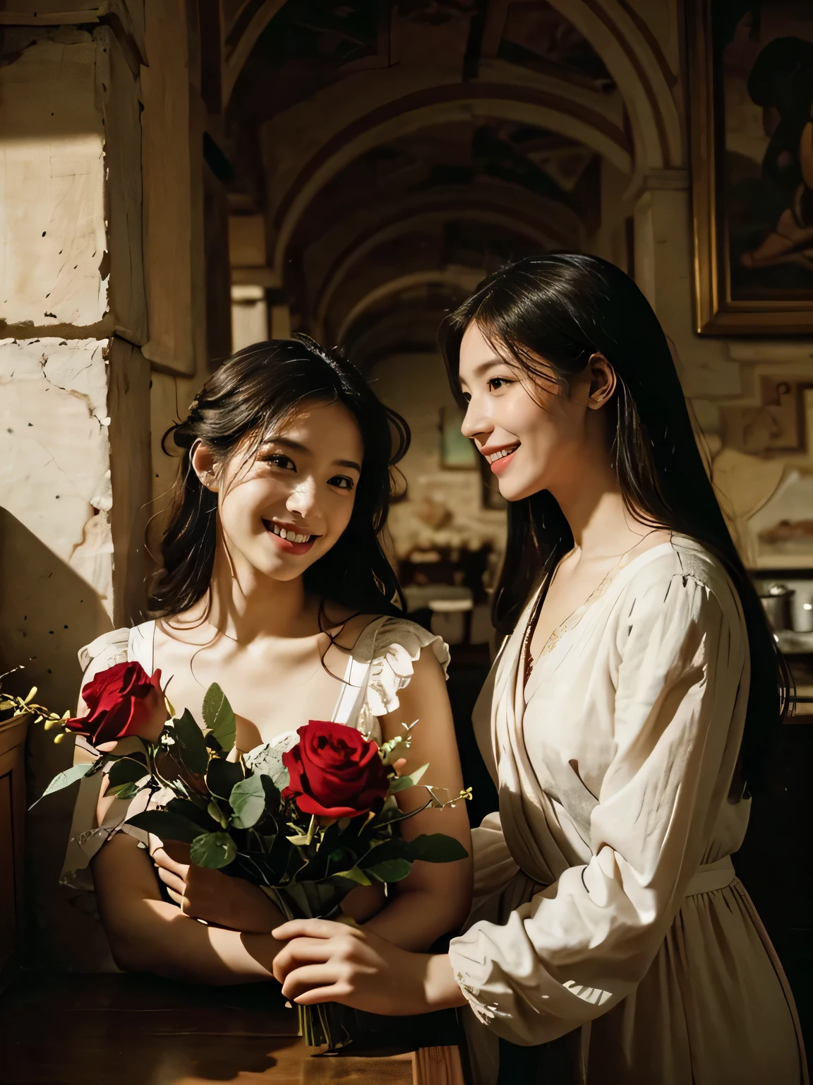 Giorgione painting style,Arguments of two female Philosophe,math、astronomical machine、astronaut、roses in vase、fruits、Cute trinkets、smile、ancient greek costume、Ancient Roman landscape in the style of Nicolas Poussin,laughter,,Sweet and seductive appearance.、Caravaggio's paintings、Chiaroscuro of Caravaggio、hair tousled by the wind,Two women frolicking,cute smile, expression of ecstasy,Sexy,erotic