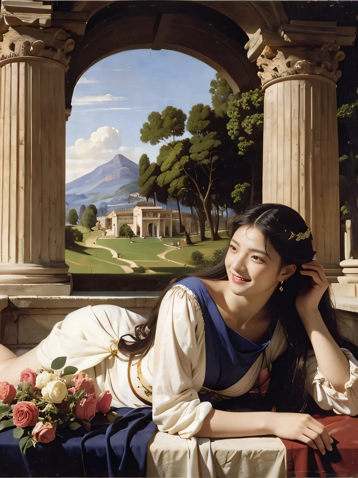 Giorgione painting style,Arguments of two female Philosophe,math、astronomical machine、astronaut、roses in vase、fruits、Cute trinkets、smile、ancient greek costume、Ancient Roman landscape in the style of Nicolas Poussin,laughter,,Sweet and seductive appearance.、Caravaggio's paintings、Chiaroscuro of Caravaggio、hair tousled by the wind,Two women frolicking,cute smile, expression of ecstasy,Sexy,erotic