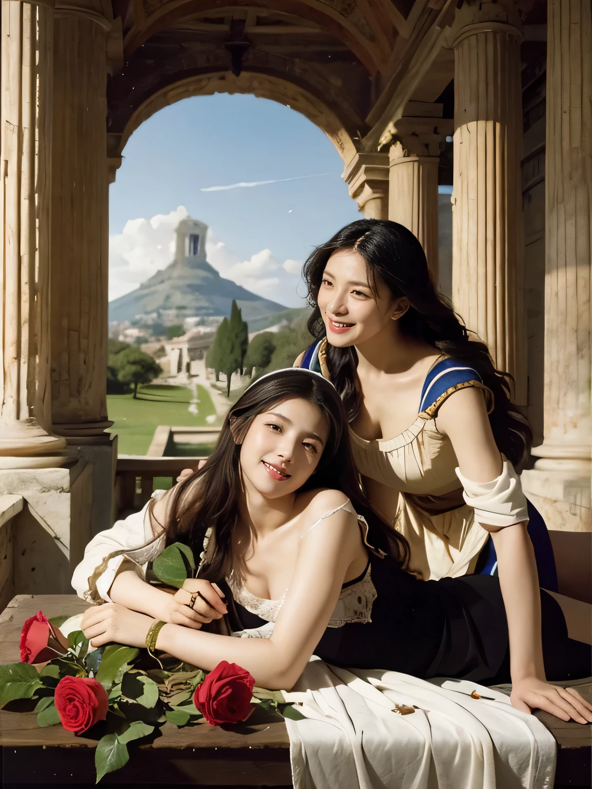 Giorgione painting style,Arguments of two female Philosophe,math、astronomical machine、astronaut、roses in vase、fruits、Cute trinkets、smile、ancient greek costume、Ancient Roman landscape in the style of Nicolas Poussin,laughter,,Sweet and seductive appearance.、Caravaggio's paintings、Chiaroscuro of Caravaggio、hair tousled by the wind,Two women frolicking,cute smile, expression of ecstasy,Sexy,erotic