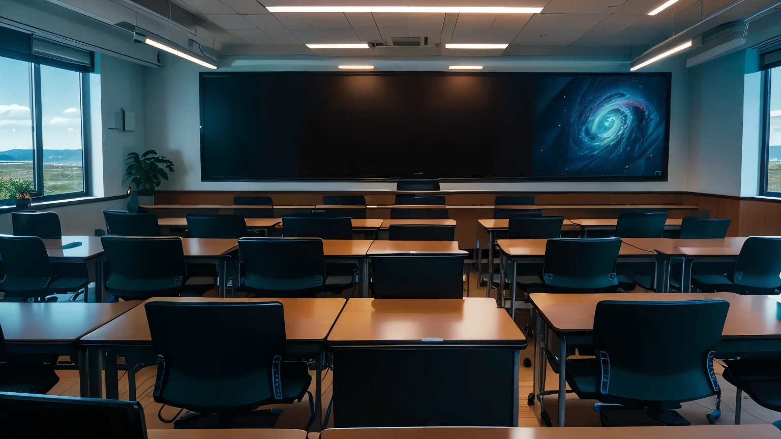 A realistic scene of a computer classroom, filled with students intently focused on their screens, dimly lit, , Detailed, high-definition, (Long: 1.8), Modern, wires and cables intricately organized, teacher teaching at the front of the room, computadores avanzados lineados en los bancos, monitores brillantes, calma y expectante atmosfera, 8K, ultrahigh definition.

A modern computer classroom setting, students seated at their desks, computers linearly arranged, dimly lit, , Meticulous, high resolution, (Long: 1.5), Focused, screens brightly illumin