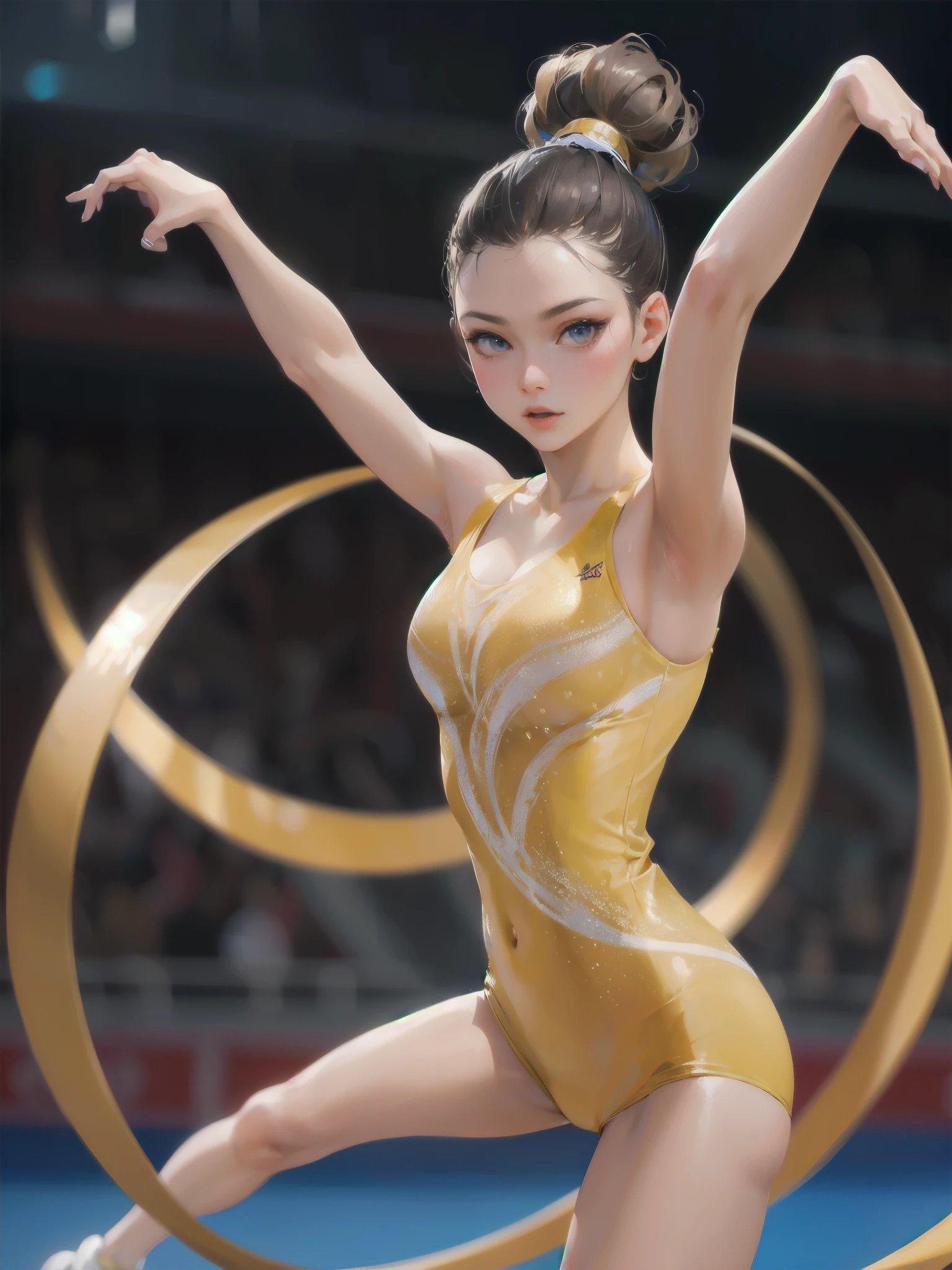 Design a female gymnastics leotards，Red-yellow gradient，Pentagram motif on chest，There are some shiny little rhinestones