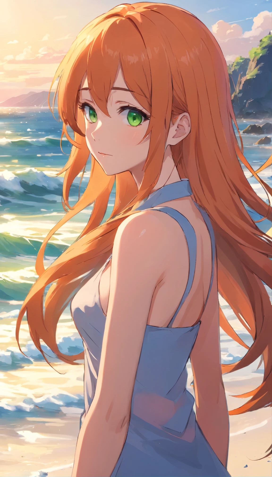 Anime girl with long orange hair, standing on the beach near the ocean, green eyes detailed digital anime art, anime girl with long hair, гладкое аниме cg art, anime girl with long hair, digital anime art, work in Guweiz style, Beautiful anime portrait, Photorealistic render of an anime girl, Beautiful anime girl, advanced digital anime art, guweiz на artstation pixiv HD UHD HQ
