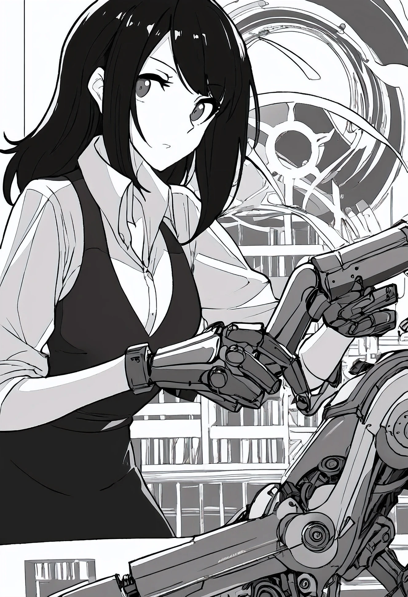 Black and white comics,female teacher,,Robotic arm