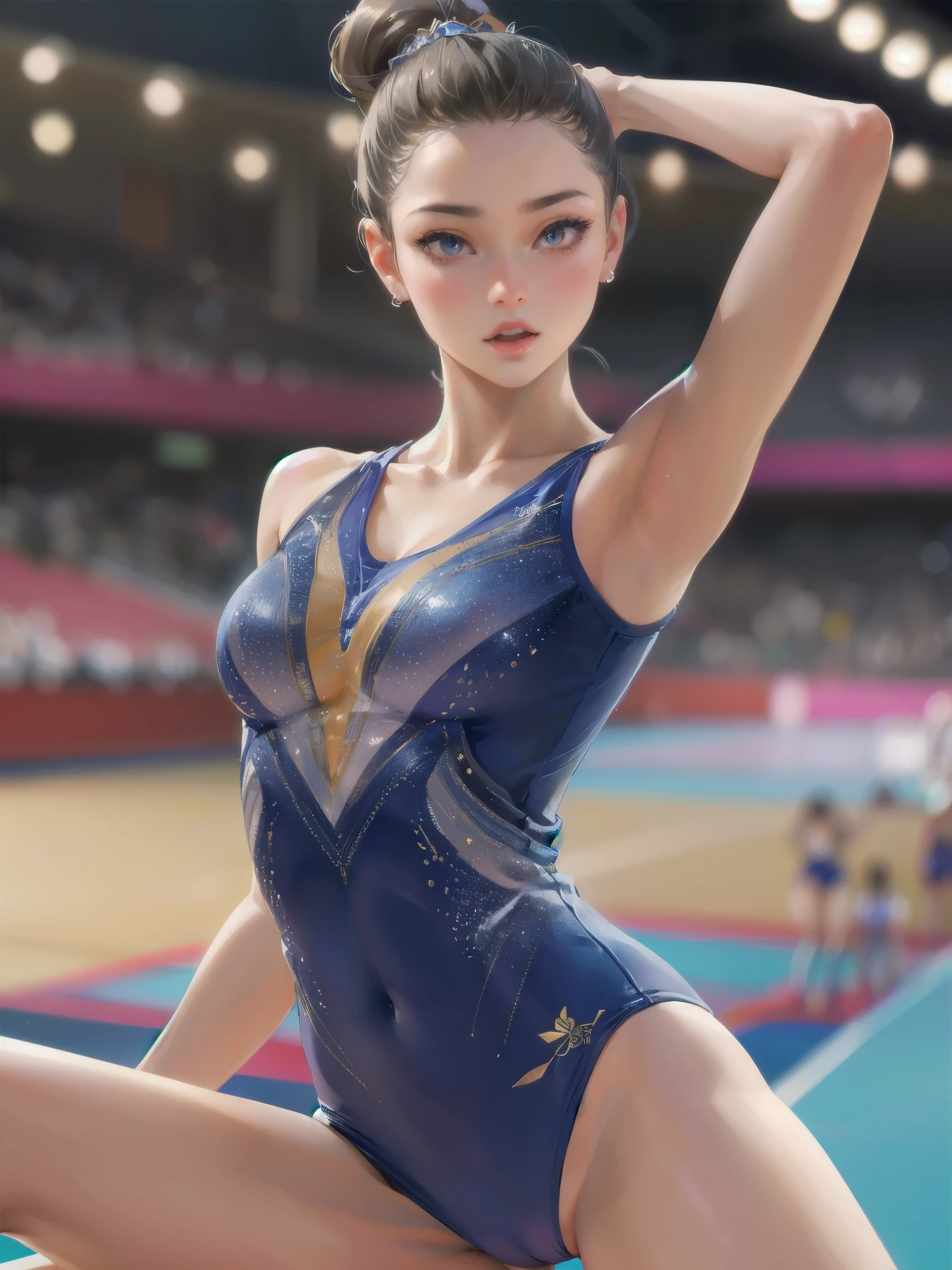 high quality,HD,16k,sharp lines,1 girl,Female rhythmic gymnastics athlete ,cute face, large breasts, nice legs,At the rhythmic gymnastics venue,focus girl,detailed beautiful face,detailed clothes,beautiful eyes,cool,dynamic angle