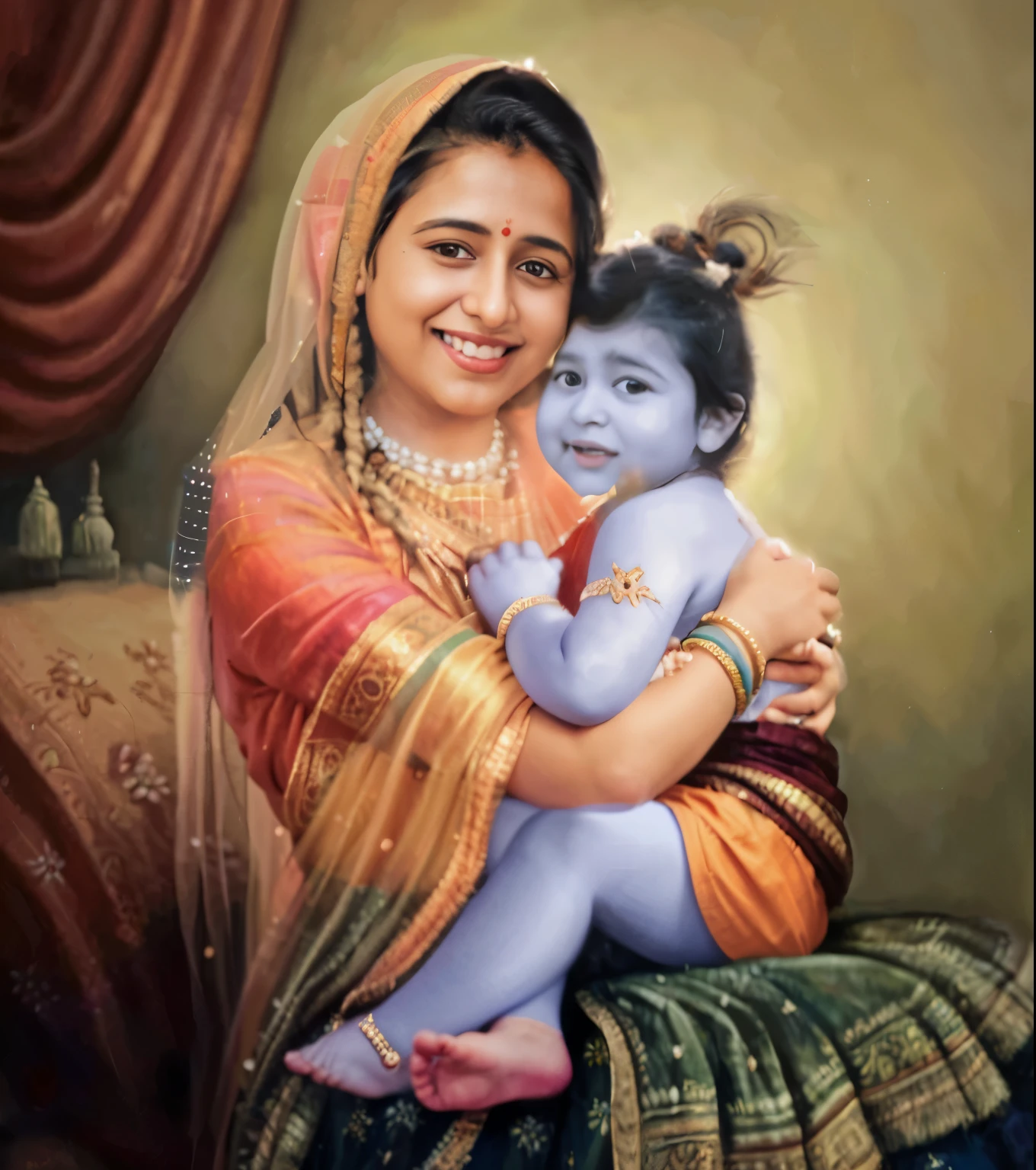 painting of a woman holding a in her arms, by Jitish Kallat, with jesus, photoshopped, inspired by Nil Gleyen, photo-shopped, traditional art, with a kid, fanart, mother, by Saurabh Jethani, corrected, realistic portrait photo, profile pic, fan art, devainart, high quality portrait, disney weta portrait