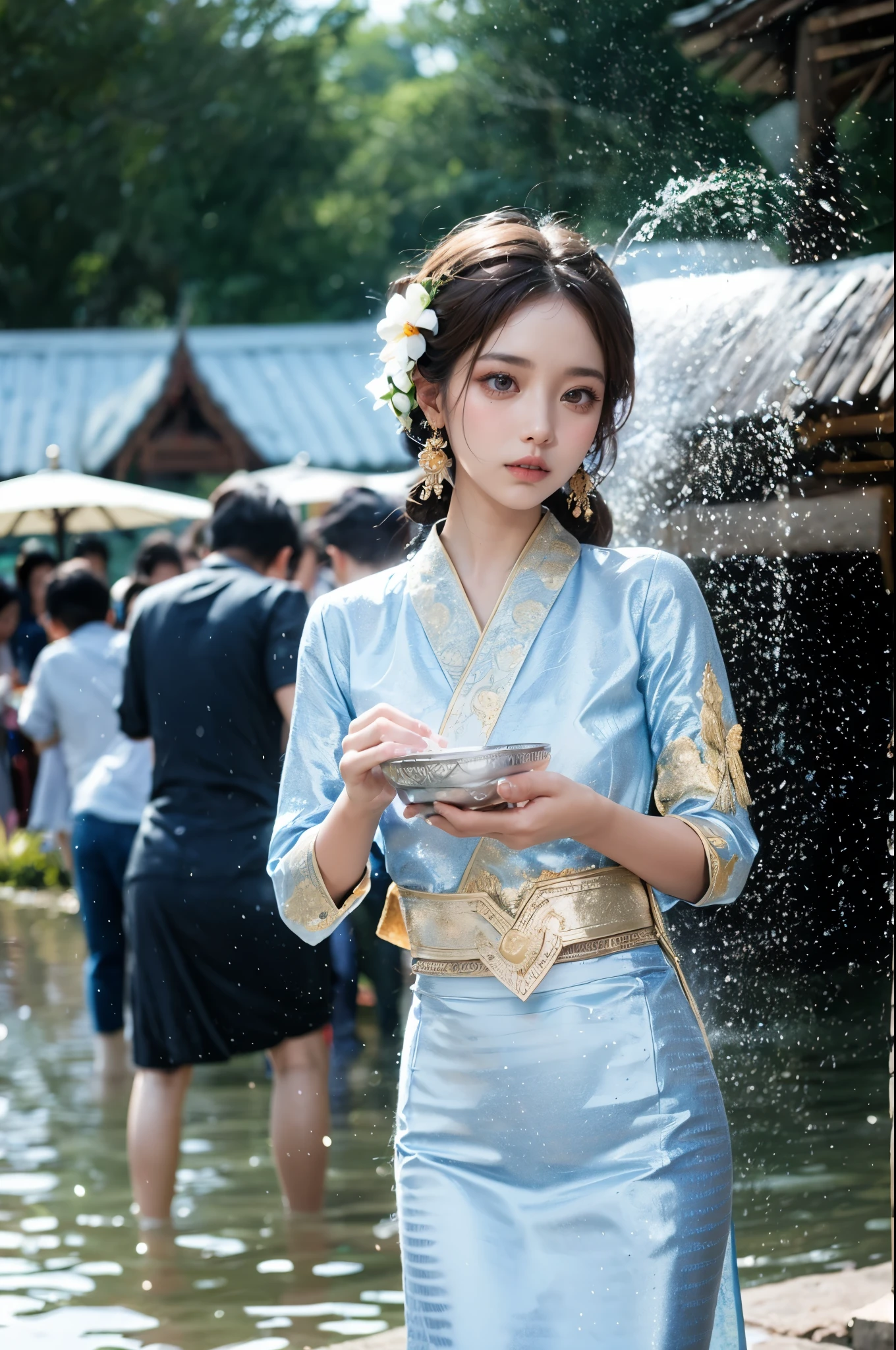 (masterpiece, best quality:1.2),1girl, blurry background, brown eyes, brown hair, day, depth of field, earrings, hair ornament,Dai ethnic clothing,Chinese Dai ethnic clothing,the Water-Sprinkling Festival,Holding a water splashing basin in hand,Silver metal basin,Splashing water, strapless dress, holding, jewelry, lips, looking at viewer, outdoors, parted lips, solo, sparkle, standing, sunlight, water