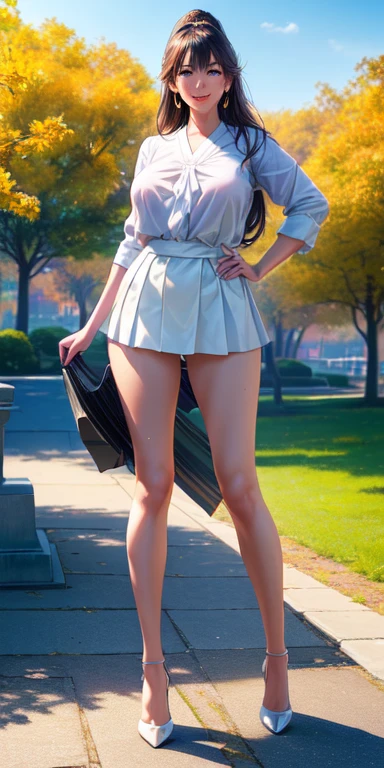 (best quality,4k,8k,highres,masterpiece:1.2),ultra-detailed,(realistic,photorealistic,photo-realistic:1.37),bright sunny day,park scene,Japanese beauty with stunning legs(wearing a white blouse and heels),leisurely walking the Statue of Liberty with a big grin on her face,sweating profusely on her beautiful legs