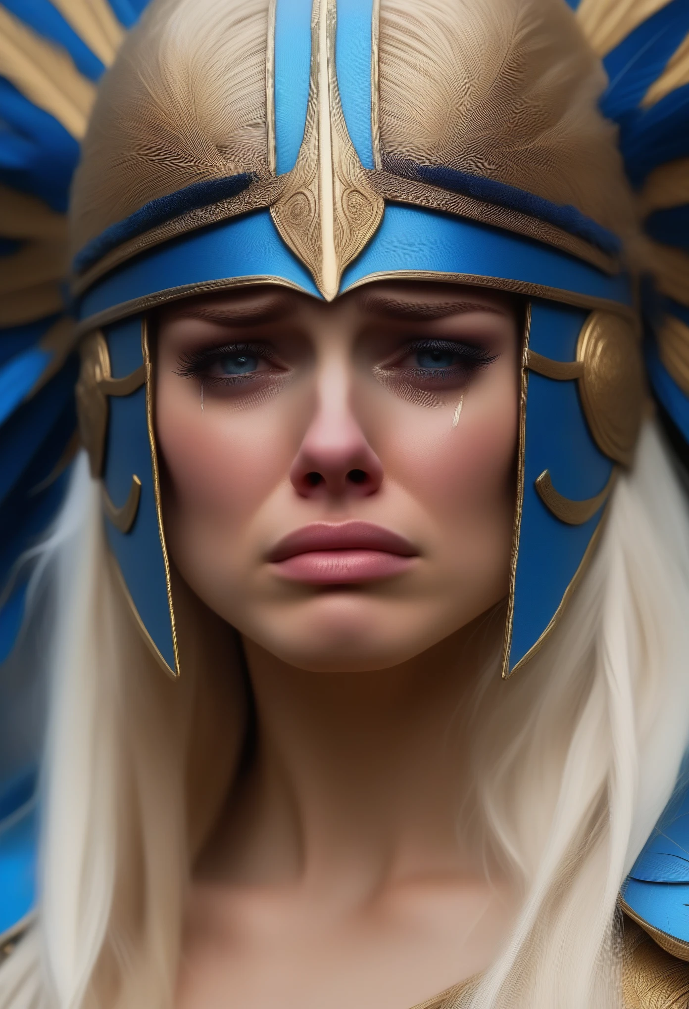 crying valkyrie，norse mythology，Blue gold-trimmed feather helmet，close up，masterpiece，super clear，colorful，detail，bust，Cover your face and cry，long blonde hair