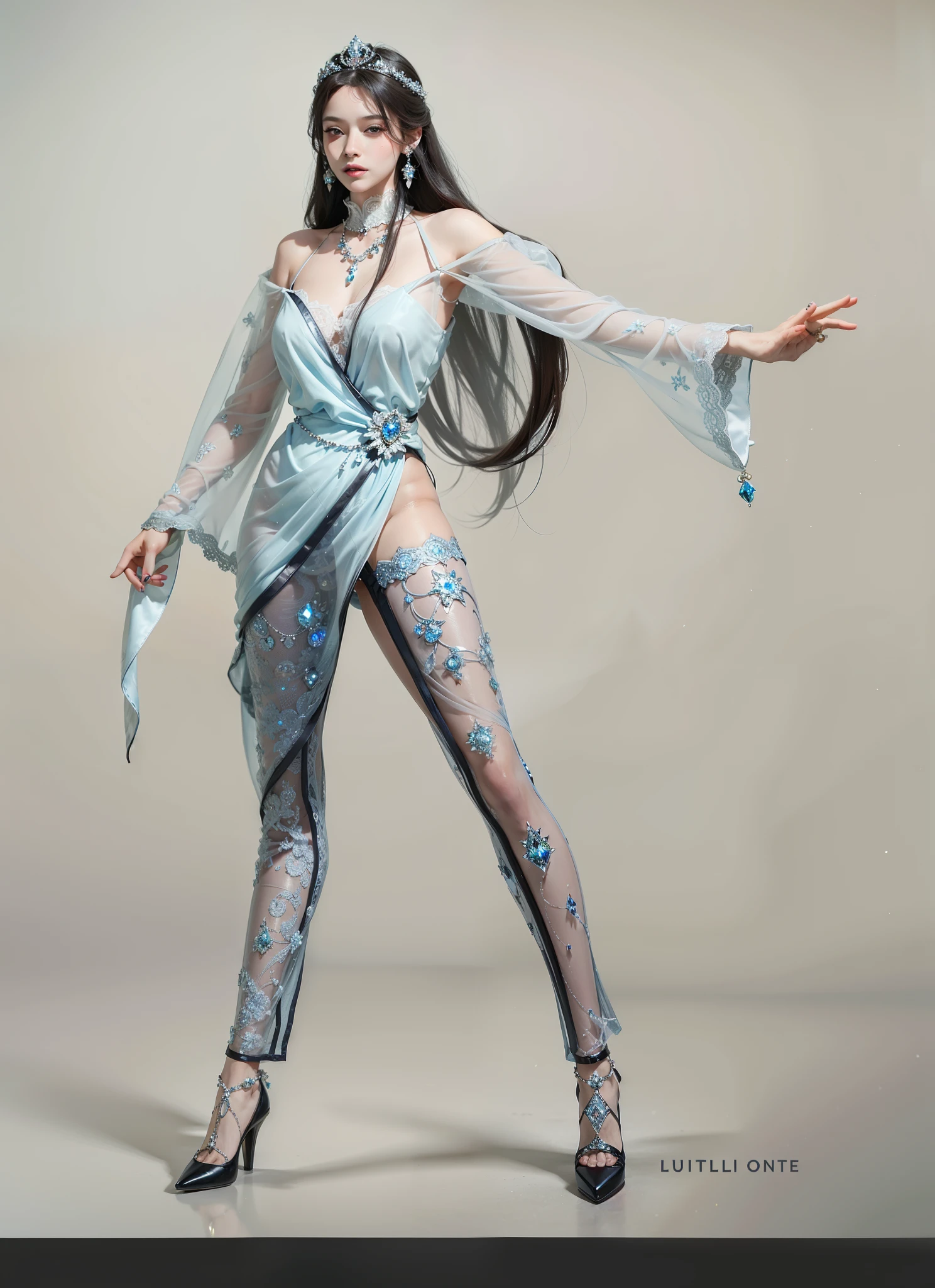 Royal sister,exquisite eyes,Detailed facial expressions body,tall figure,Leg length,4K,HD,translucent lace,Fair and plump figure,pretty face,Little cherry mouth,beautiful and delicious(3D royal sister),exquisite dress,Wear crystal jewelry,Gorgeous Sapphire Crystal Diamond Pearl Gown,Goddess of mythology,luxury,Photo quality,High quality facial details,High-end aesthetics,luxury,gothic style,neat fingers(five fingers straight),black high heel boots