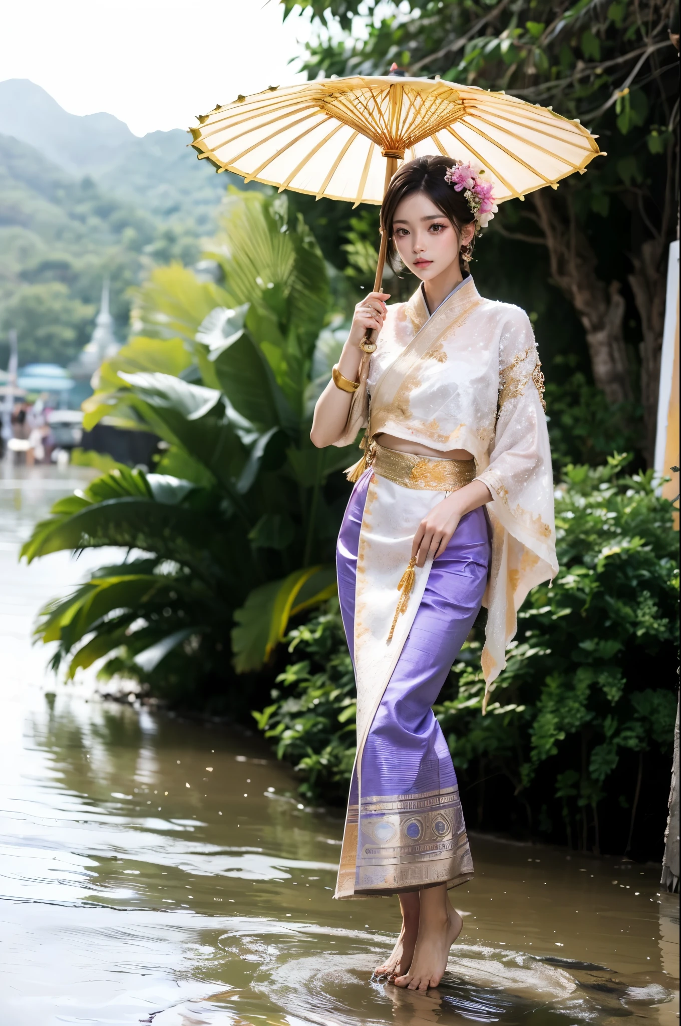 (masterpiece, best quality:1.2),1girl, barefoot, beach, beach umbrella, black hair, black umbrella, blue umbrella, blurry, bridge, brown eyes, bush, day, hair flower, hair ornament, holding, holding umbrella, jewelry,Barefoot, leaf umbrella, lips, looking at viewer, makeup,Chinese Dai ethnic clothing,Relatively conservative clothing, oil-paper umbrella, outdoors, parasol, ripples, river, shore, solo, standing, umbrella, water, white umbrella