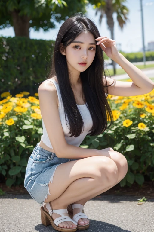 Oval face，Joan nose，Nice big eyes，long black hair，Summer clothes for slim figure