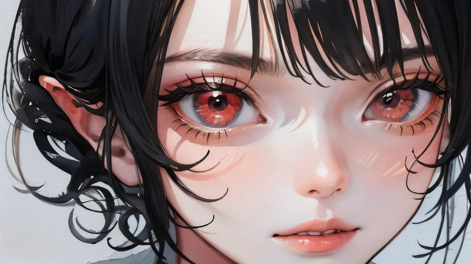 young girl red eyes small breasts short black hair goblin high quality high resolution 8K Watercolor ID photo style Close-up of the whole face Completely naked