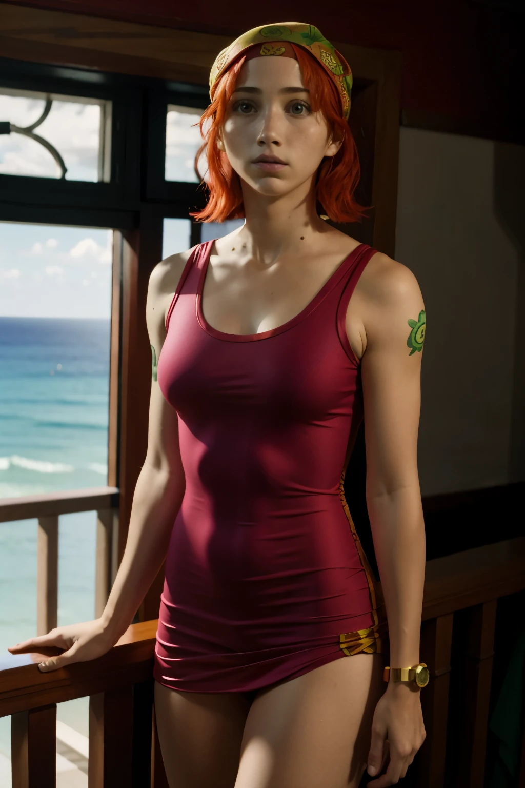 emilyrudd, nami, a woman with red hair an a green shirt wearing a bandana , Nami one piece, hot look, in bedroom, red dress , balcony look