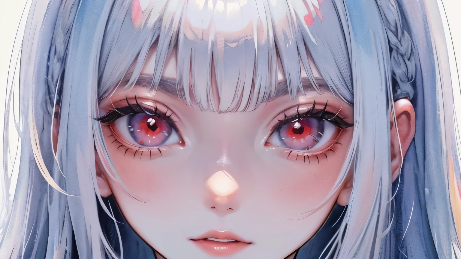 young girl　red eyes　small breasts　short　iridescent white hair　goblin　high quality　high resolution　8K Watercolor　ID photo style　Close-up of the whole face　Completely naked