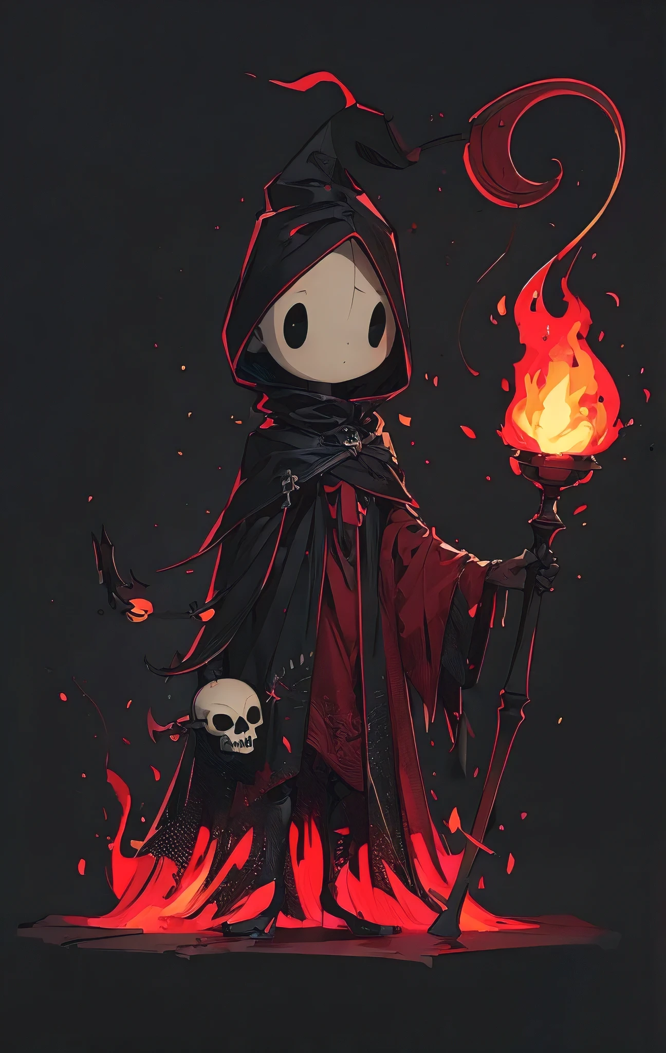 (best quality, masterpiece, ultra-detailed, highres, realistic:1.37), A necromancer, with big Death Scythe, lamp on his right hand, ghost fire around him, chianwd skull on his waist , black cloak , simple lines, flat colors and no shadows, drawn in the style of Pixar's animation. Black background. The character should have exaggerated features to emphasize its simplicity and cuteness, elaborate details, clean and sharp lines, perfect illustration, colorful