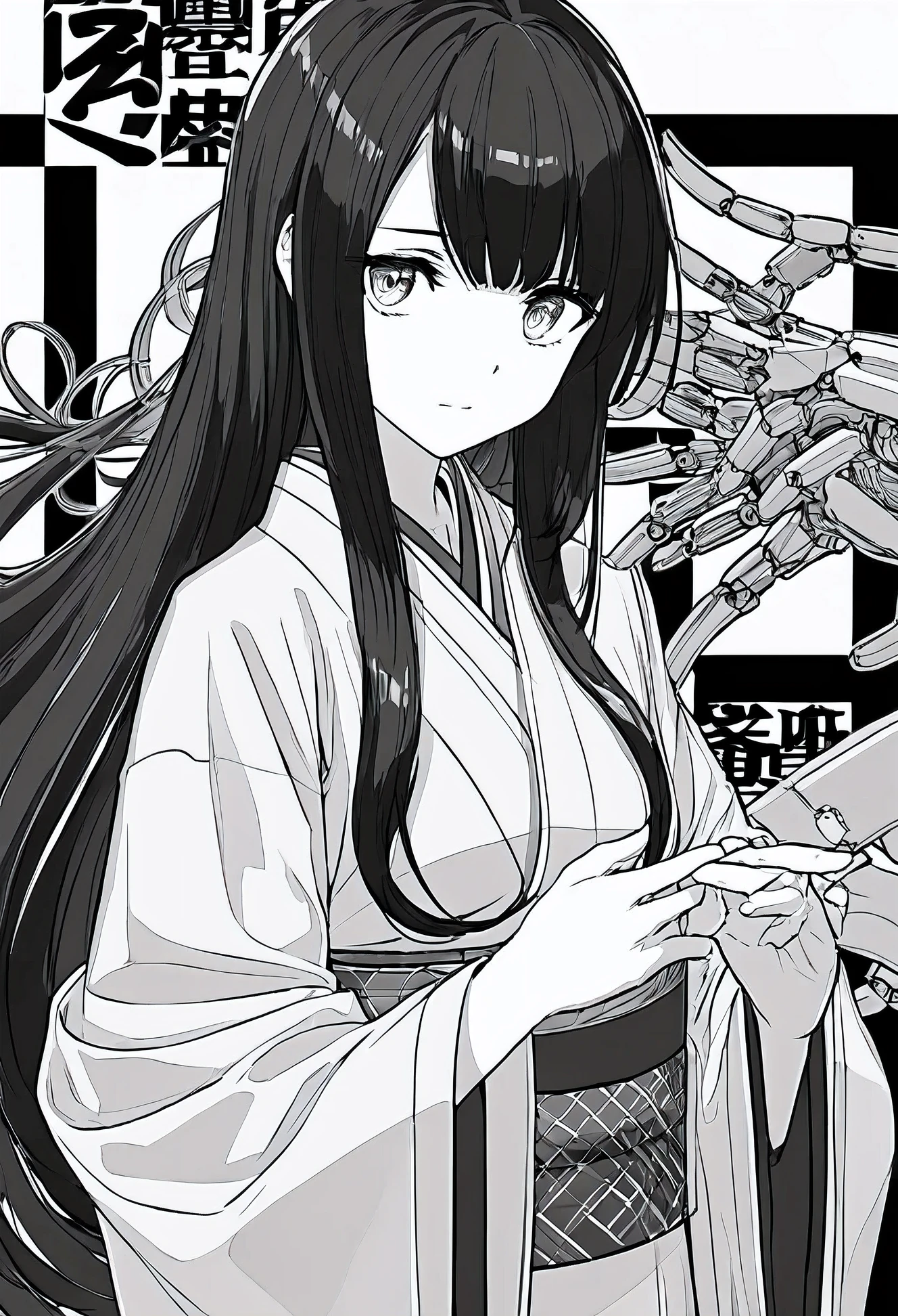 Black and white comics,female teacher,,Robotic arm,High resolution,Fingers can be clearly distinguished,kimono,long hair