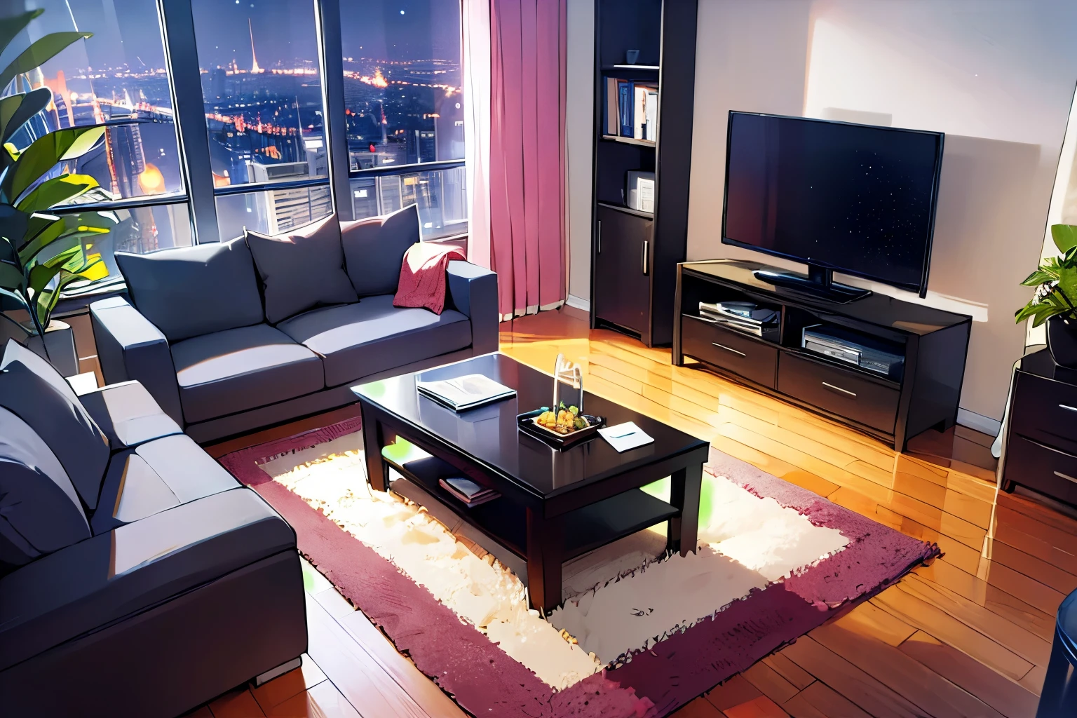 (night, dark:1.5), stars, living、sofa、table、floor、Rug mat、ceiling、tv set