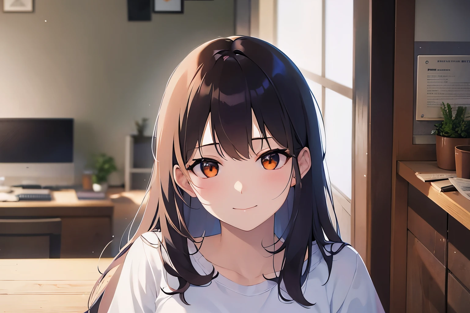 Tilting head、Upper Body, Realistic, real person, (pale skin: 1.2), RAW shiny skin, japanese idol、shiny hair、(25 year old woman with medium hair with bangs) and (wavy hair) and (brown hair) and (orange eyes) , (white) and (plain t-shirt) and (oversize) 、(sad:1.2), smile, The background is the living room、Alone、Are standing