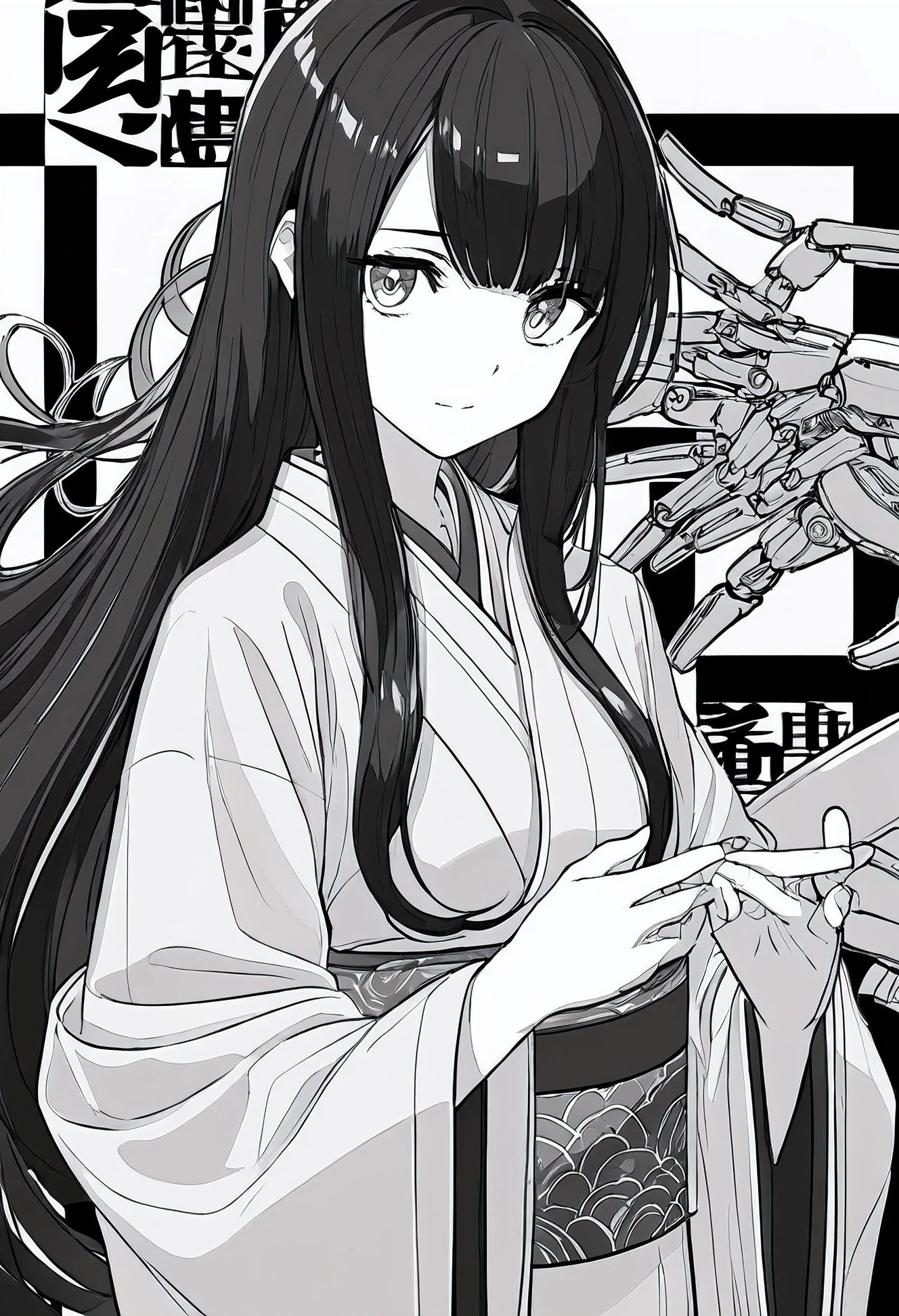 Black and white comics，female teacher，，Robotic arm，High resolution，Fingers can be clearly distinguished，kimono，long hair