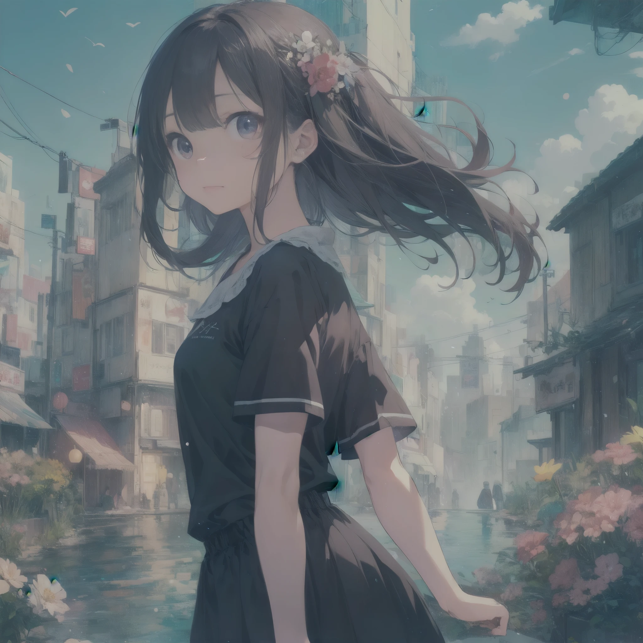 pale colour, surrealism, atmospheric perspective, Depth of the bounds written, god's rays, Letterboxed, blurred foreground, Bokeh, shortening, Super detailed, high quality, 最high quality, anatomically correct, masterpiece, UHD, (((((whole body frame))))), beautiful anime girl, Beautiful, supple body lines visible even through the black uniform, black hair, Super detaileded hair, long eyelashes, solid circle eye, pretty girl, beautiful girl, cute face, beautiful face, beautiful art, aesthetically balanced face, beautiful eye lights, beautiful body, gravity, horizon, flowers and plants swaying in the wind, White clouds in blue sky,