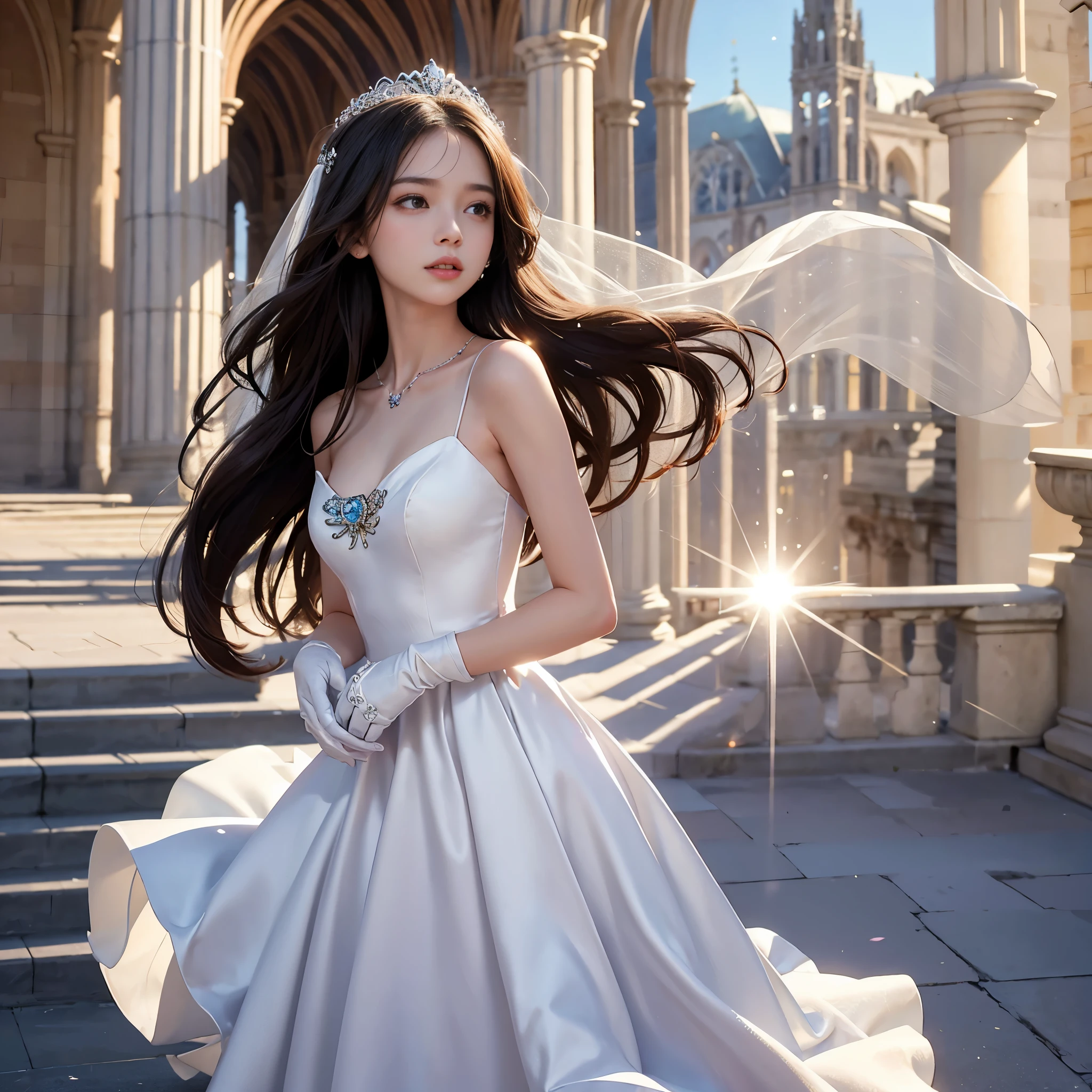 best quality, masterpiece, 1 girl, cute teen,shiny lips, thin collarbone, medium chest, sweet, sun glare, Conservative attire, bell line wedding dress, bridal tiara, white gloves, depth of field, blurred background, Cathedral Background, light particles, strong wind, head tilt, long hair,