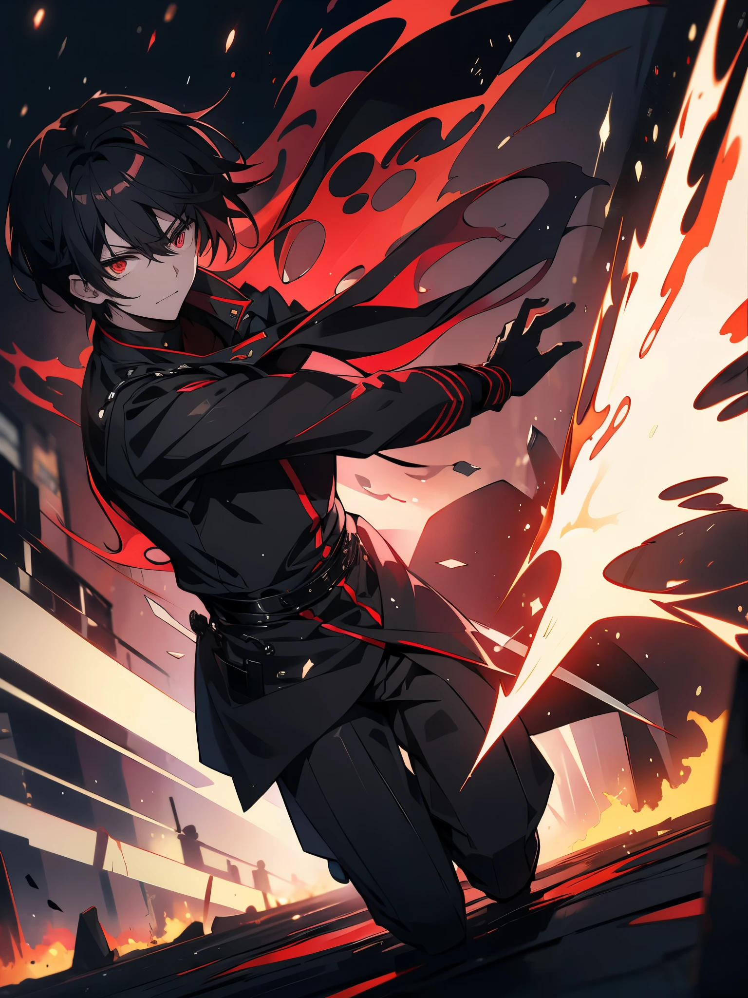 2 boys，long black hair，red eyed teenage male，night、stand on an empty street，extreme details，white jacket，Black too，Aoba Ori，Holds a huge blood-colored weapon in one hand，Japanese style，intimidating，Engulfed in flames、sword，wallpaper，CG compositing，日本一のsword豪、action、Glows eerily with lightning、worn out