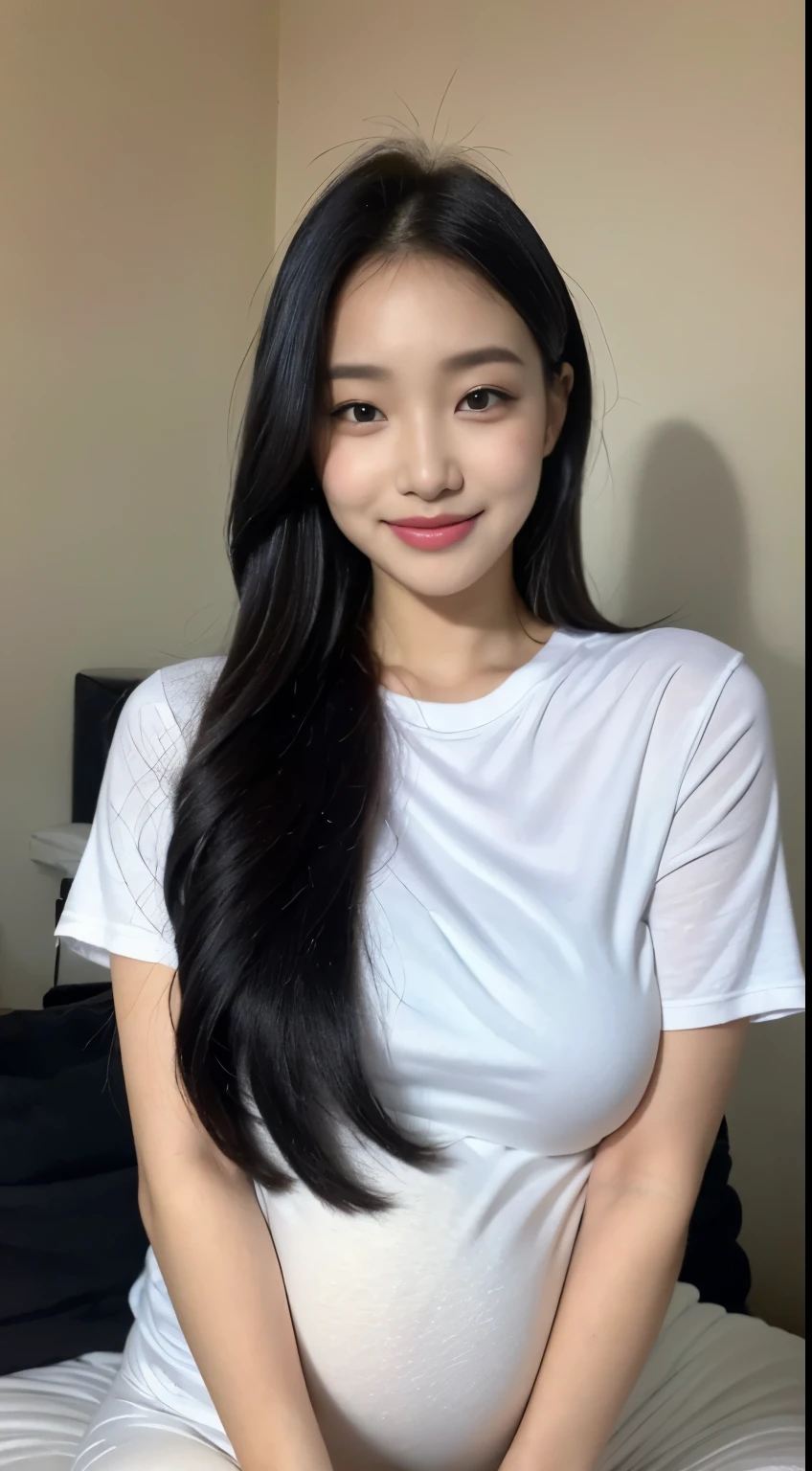 ((top-quality、8K、tmasterpiece:1.3))、1girl in、Slightly chubby beauty:1.3、(Hairstyle Casual、 out:1.2)、18yr old、(huge pregnant)、pupils、White shirt、no-bra、Exposed chest、The resulting posture、Lower breast、Chubby face、Elaborate Eyes、double eyelid、A smile、on top of the bed、seductiv