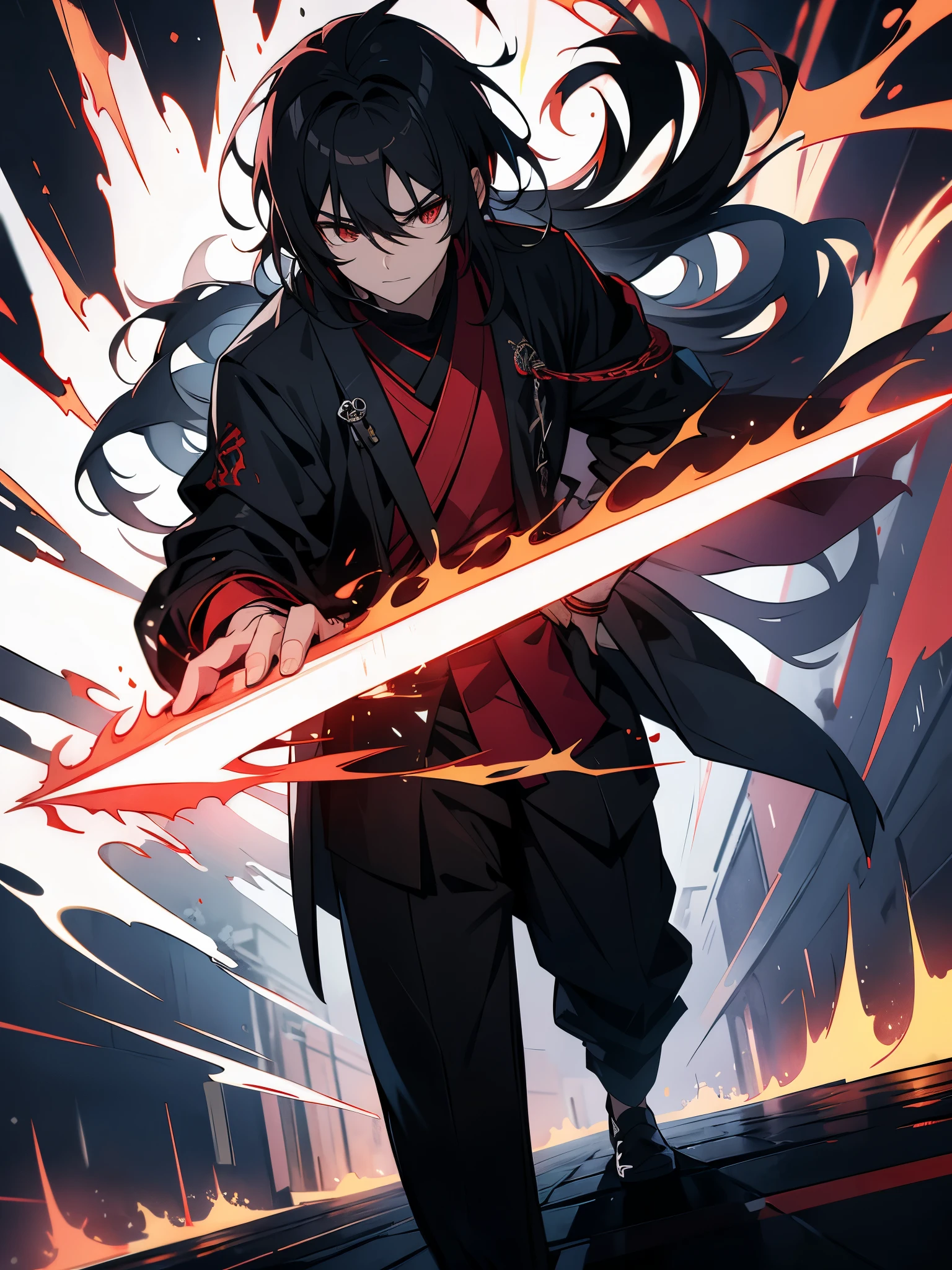 2 boys,long black hair,red eyed teenage male,night、stand on an empty street,extreme details,white jacket,Black too,Aoba Ori,Holds a huge blood-colored weapon in one hand,Japanese style,intimidating,Engulfed in flames、sword,wallpaper,CG compositing,日本一のsword豪、action、Glows eerily with lightning、worn out