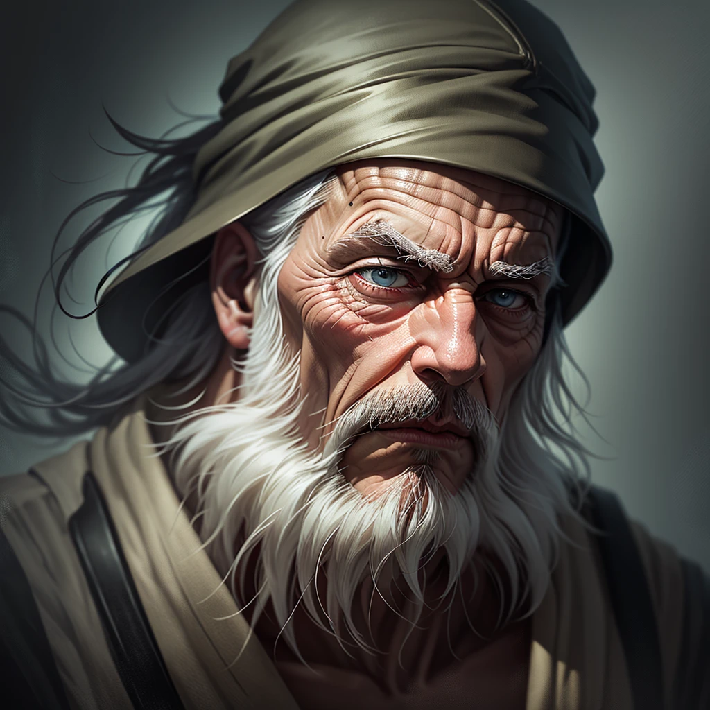 (best quality)an old testament bald man, craying detailed,[distinguished, wise, experienced], [white-gray hair, beard, no eyebrows, wrinkles], [commanding presence, serious expression], [ancient robes, staff, religious symbols], [best quality, realistic, detailed], [dark and moody lighting], [oil painting style], [deep and rich colors], [dramatic shadows].