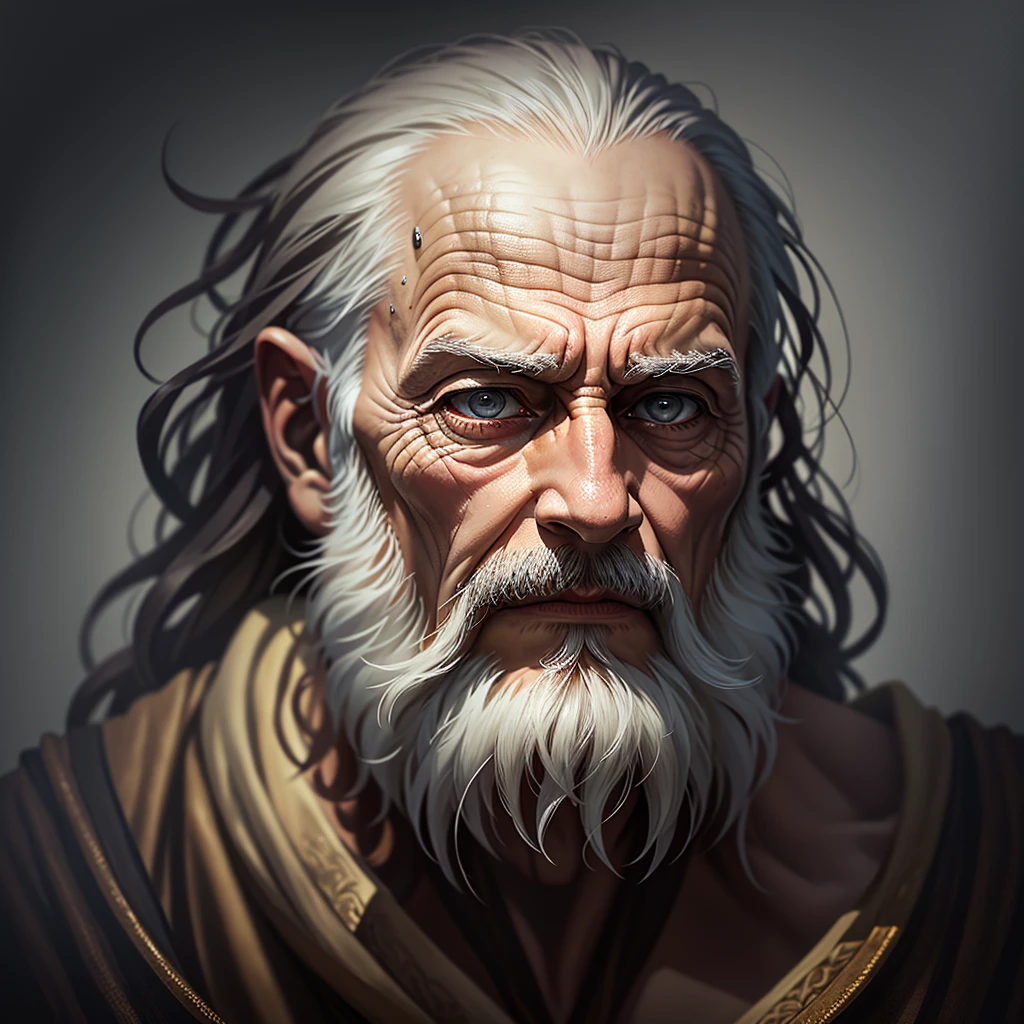 (best quality)an old testament bald man, craying detailed,[distinguished, wise, experienced], [white-gray hair, beard, no eyebrows, wrinkles], [commanding presence, serious expression], [ancient robes, staff, religious symbols], [best quality, realistic, detailed], [dark and moody lighting], [oil painting style], [deep and rich colors], [dramatic shadows].