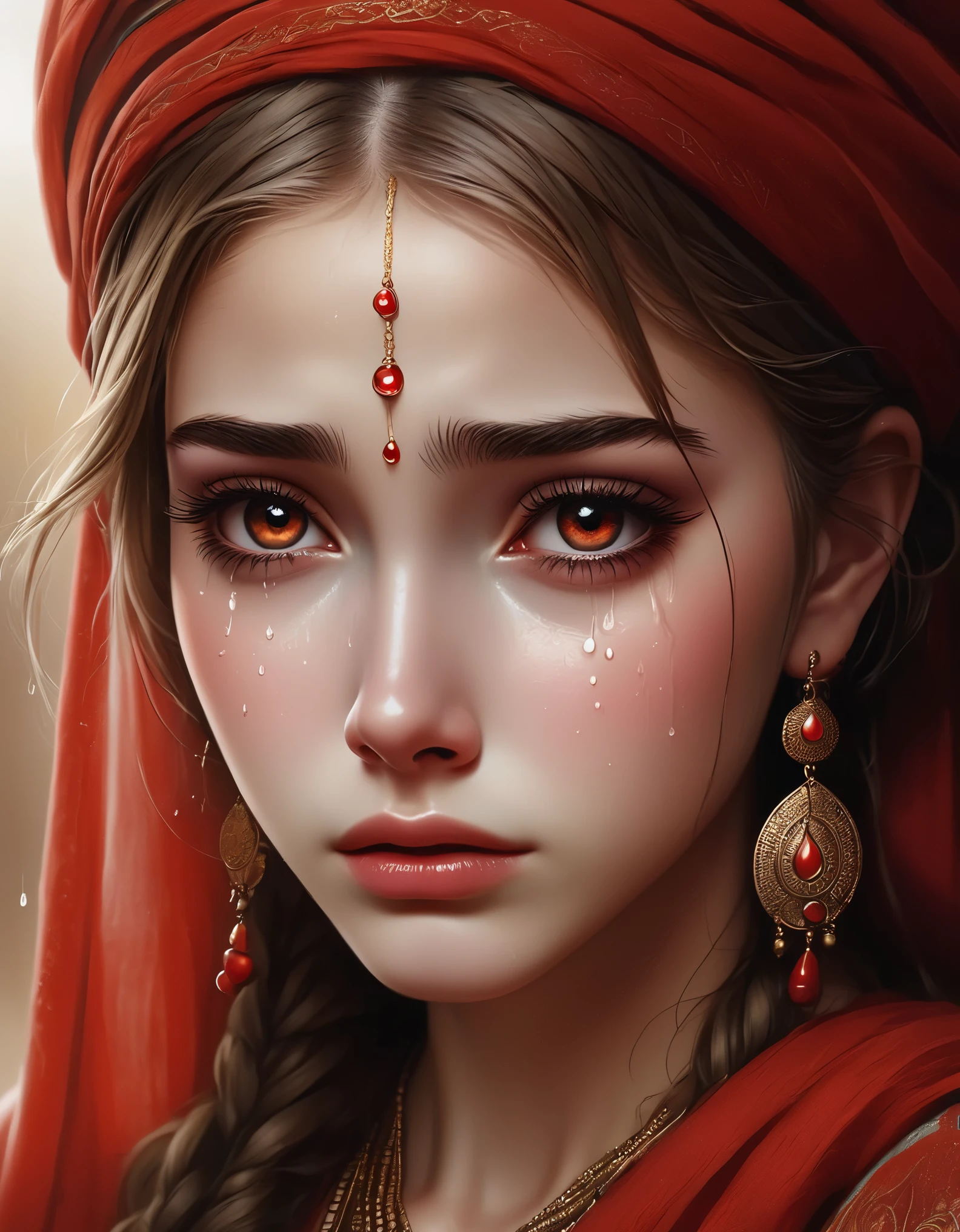 in style of Mali Empire, (The girl's eyes were filled with tears),Eye circles red from crying, portrait, beautiful detailed