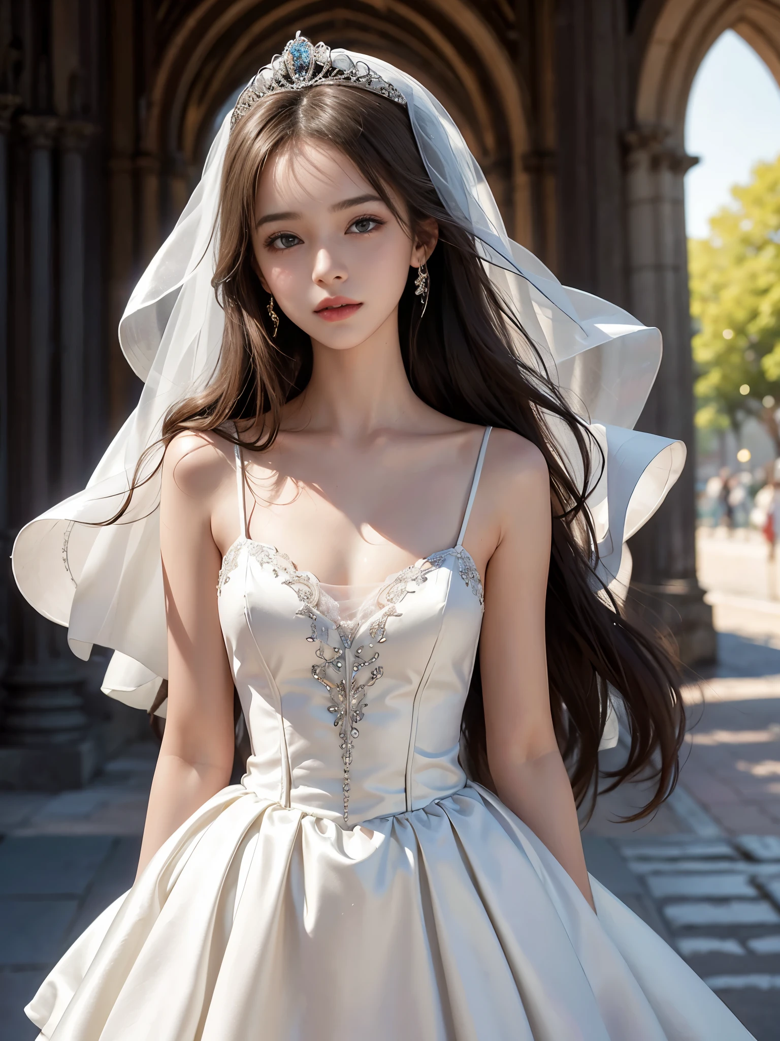 A girl standing and she's wearing a white long wedding dress, hold a flower, beautiful and long brown hair and perfect body figure